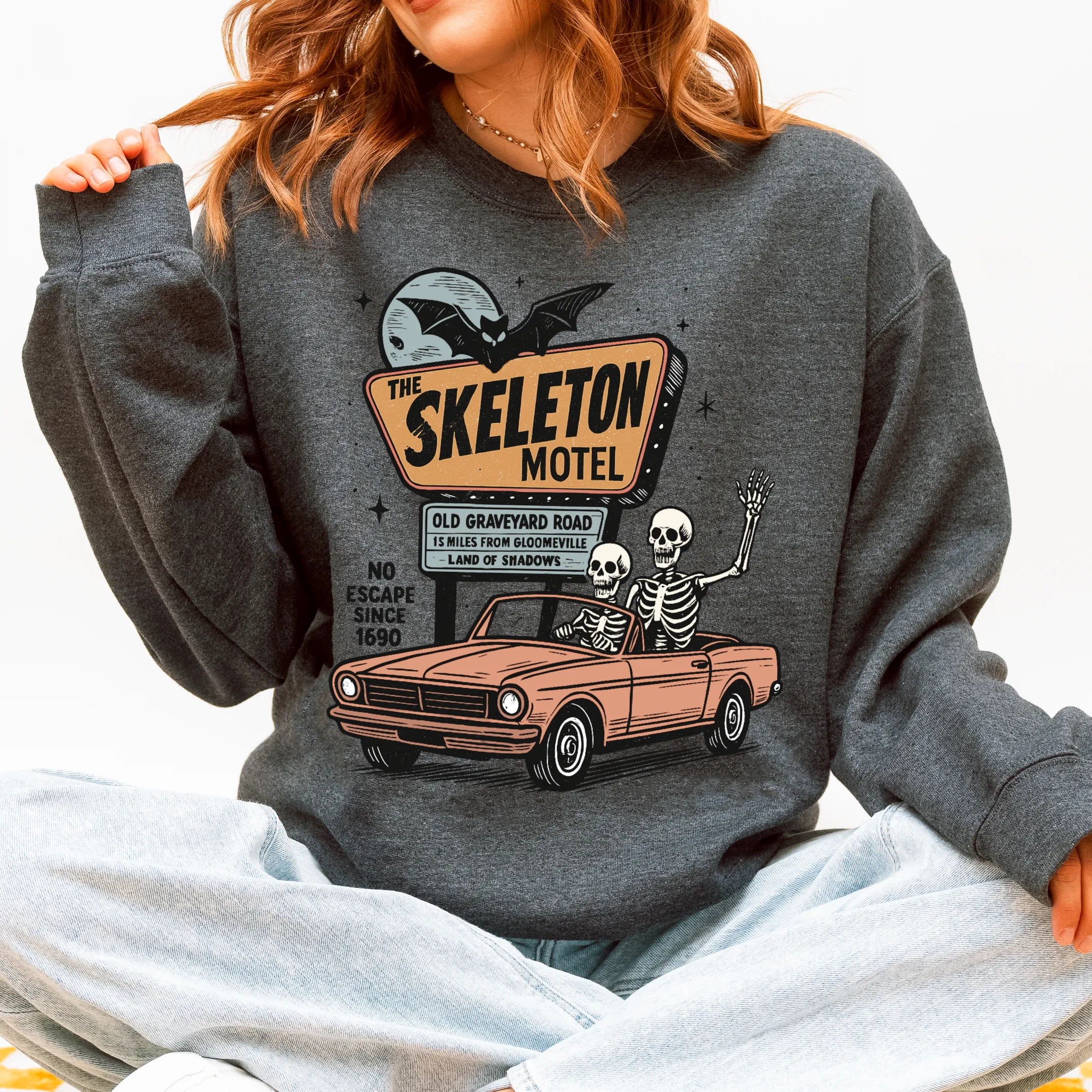 The Skeleton Motel, Spooky, Halloween Sweatshirt sold by Refinery Number One product image thumbnail 2