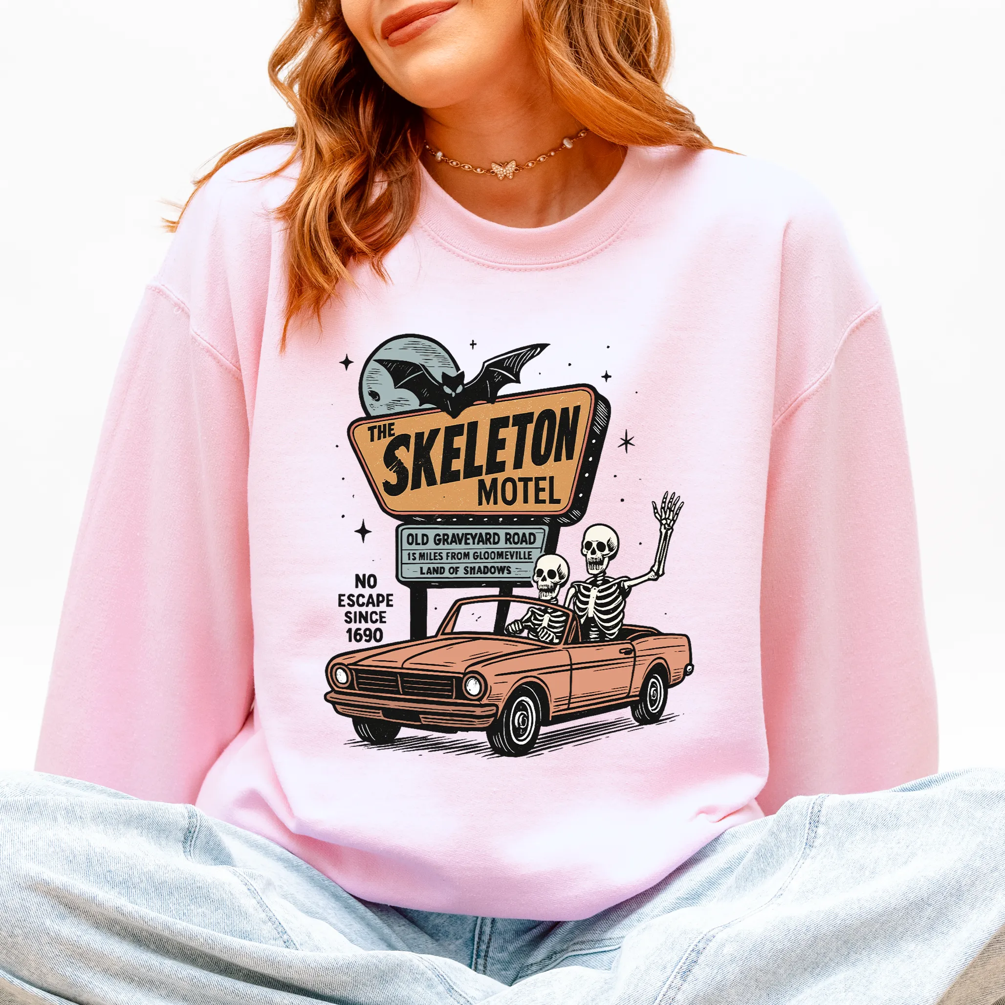 The Skeleton Motel, Spooky, Halloween Sweatshirt sold by Refinery Number One product image thumbnail 5