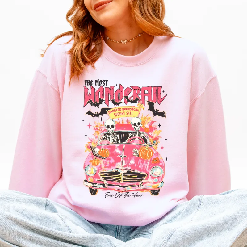 The Most Wonderful Time Of The Year, Reading Skeletons, Pink, Spooky, Halloween, Trending Graphic Sweatshirt sold by Refinery Number One