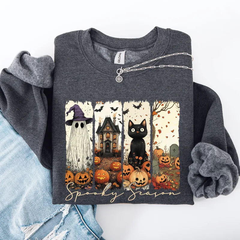 Spooky Season, Stripes, Halloween, Cat, Ghost, Pumpkins, Autumn, Fall Sweatshirt sold by Refinery Number One