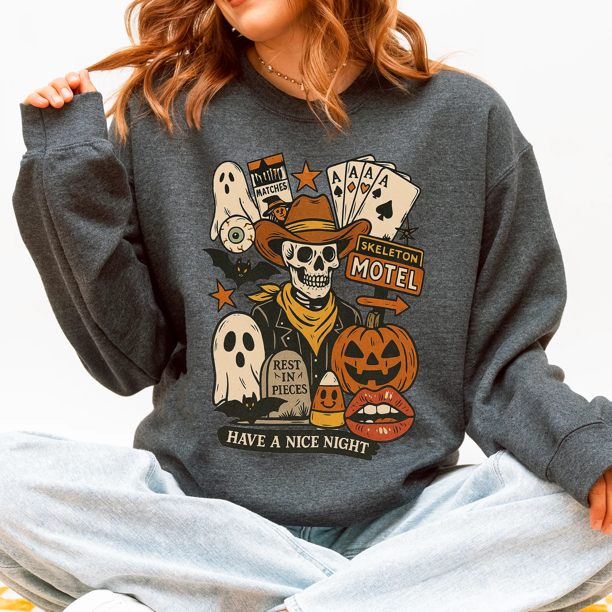 Retro Skeleton Motel, Classic, Vintage Halloween Sweatshirt sold by Refinery Number One product image thumbnail 4