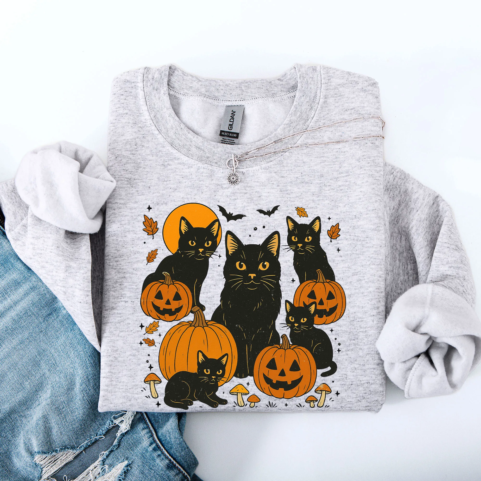 Retro Black Cats, Pumpkins, Halloween, Spooky Sweatshirt sold by Refinery Number One product image thumbnail 3