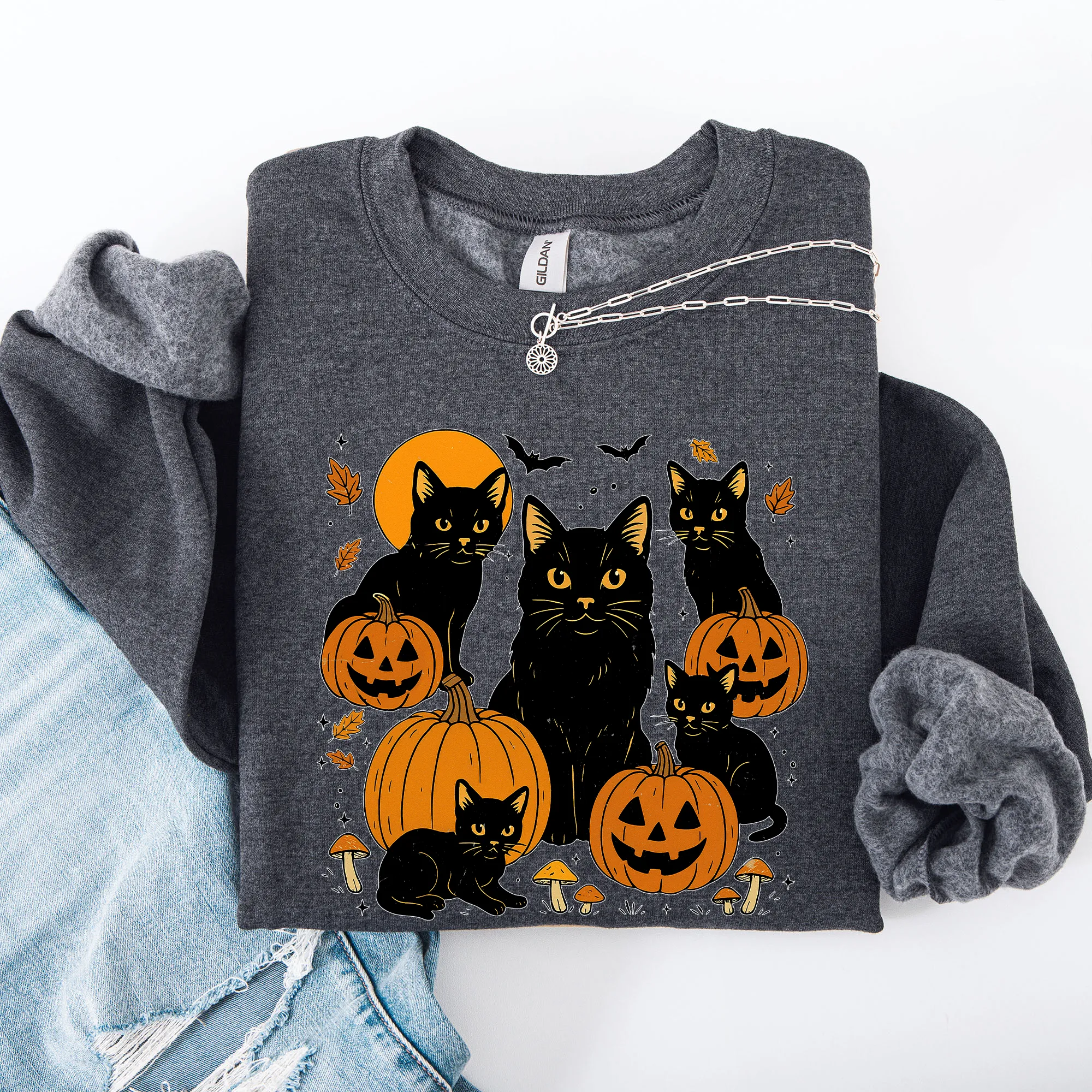 Retro Black Cats, Pumpkins, Halloween, Spooky Sweatshirt sold by Refinery Number One product image thumbnail 4