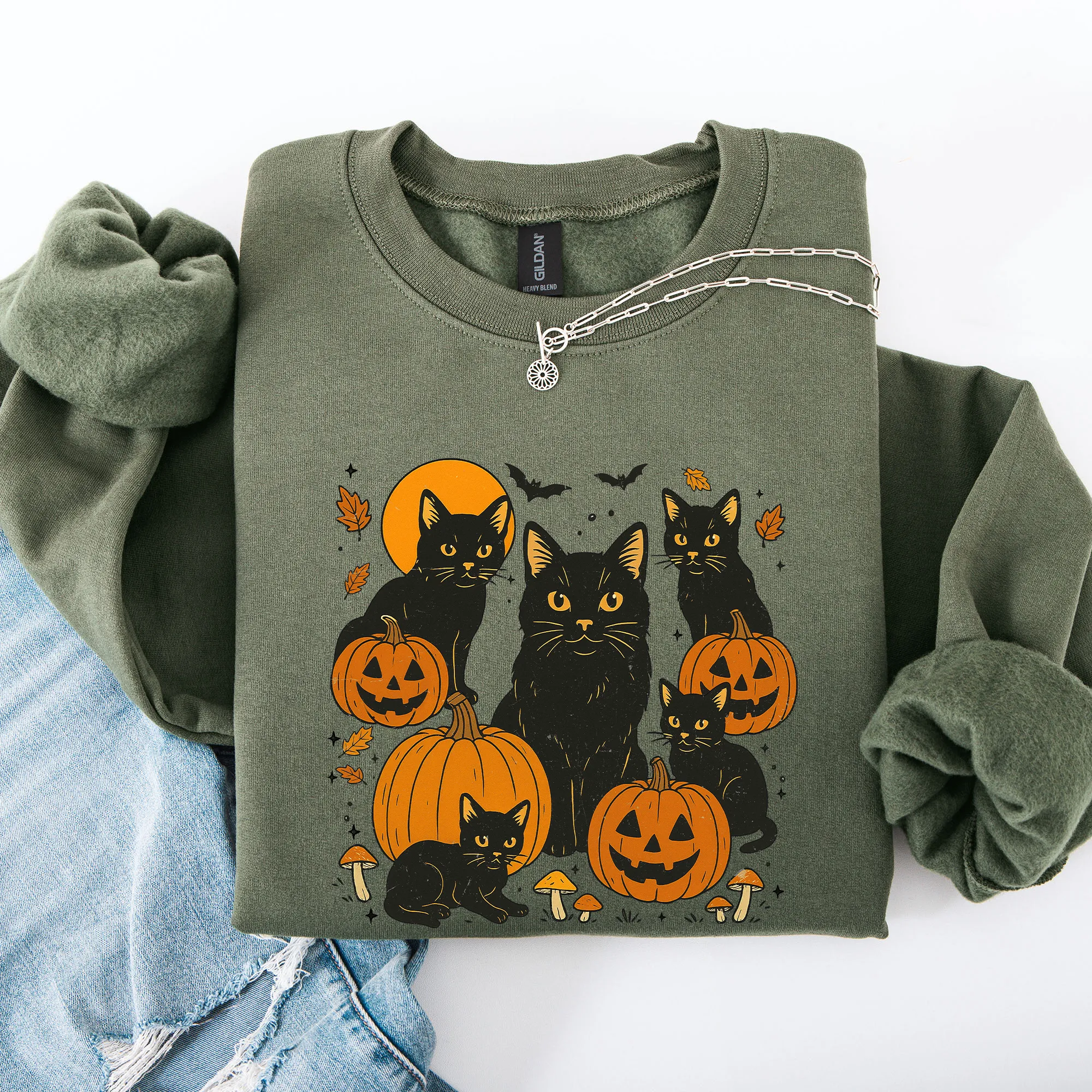 Retro Black Cats, Pumpkins, Halloween, Spooky Sweatshirt sold by Refinery Number One product image thumbnail 2