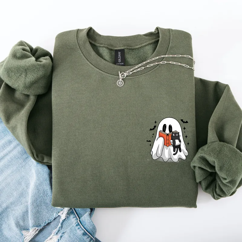Reading Ghost, Cat, Funny, Halloween, Book, Library, Pocket Sweatshirt sold by Refinery Number One