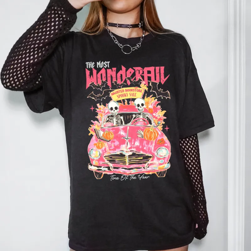 The Most Wonderful Time Of The Year, Reading Skeletons, Pink, Spooky, Halloween, Trending Graphic Tee, Black Tshirt sold by Refinery Number One