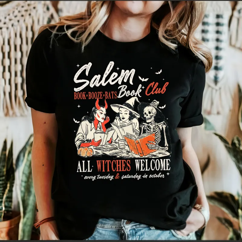 Salem Book Club, All Witches Welcome, Bookish, Booktok, Halloween, Trending Tshirt, Graphic Tee, Black Tshirt sold by Refinery Number One