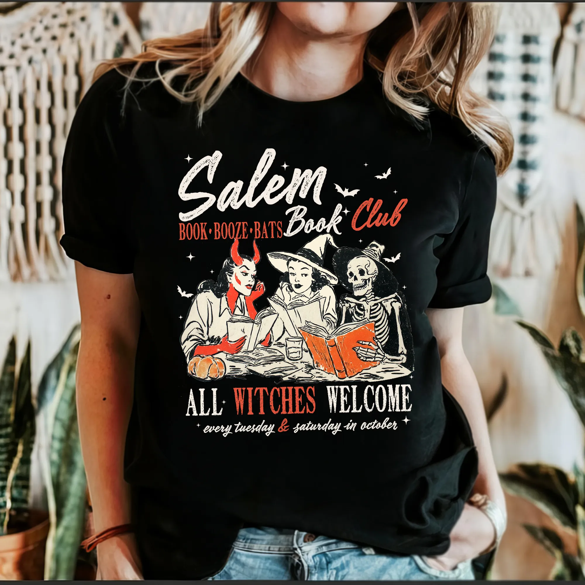 Salem Book Club, All Witches Welcome, Bookish, Booktok, Halloween, Trending Tshirt, Graphic Tee, Black Tshirt sold by Refinery Number One