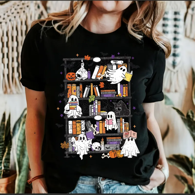 Reading Ghosts, Bookish, Library, Spooky, Halloween, Booktok, Trending Graphic Tee, Black Tshirt sold by Refinery Number One