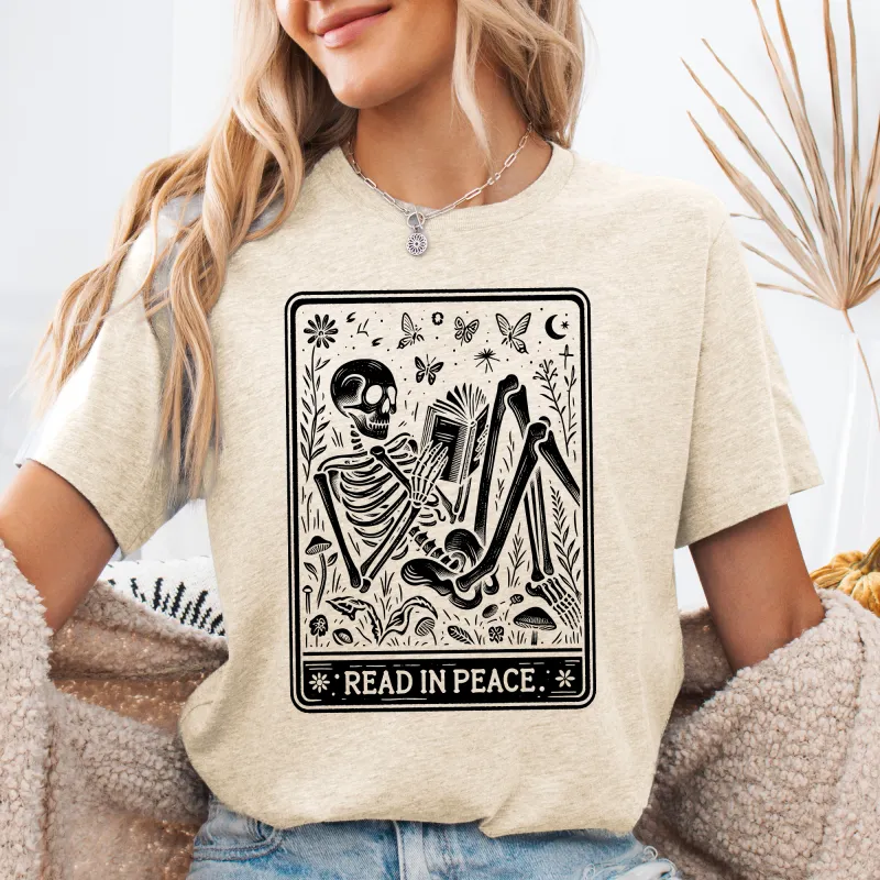 Read In Peace, Tarot, Skeleton, Halloween, Booktok, Library, Bookish, Graphic Tee, Tshirt sold by Refinery Number One