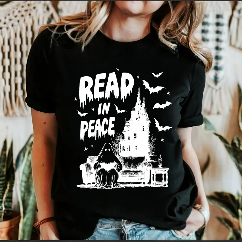 Read In Peace, Ghost, Haunted, Halloween, Spooky, Bookish, Library, Booktok, Trending Graphic Tee, Black Tshirt sold by Refinery Number One