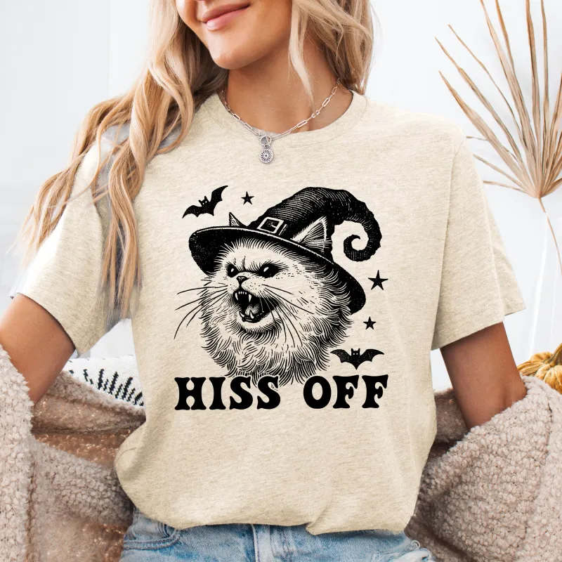 Hiss Off, Cat, Halloween Witch, Funny, Graphic Tee, Trendy Tshirt sold by Refinery Number One