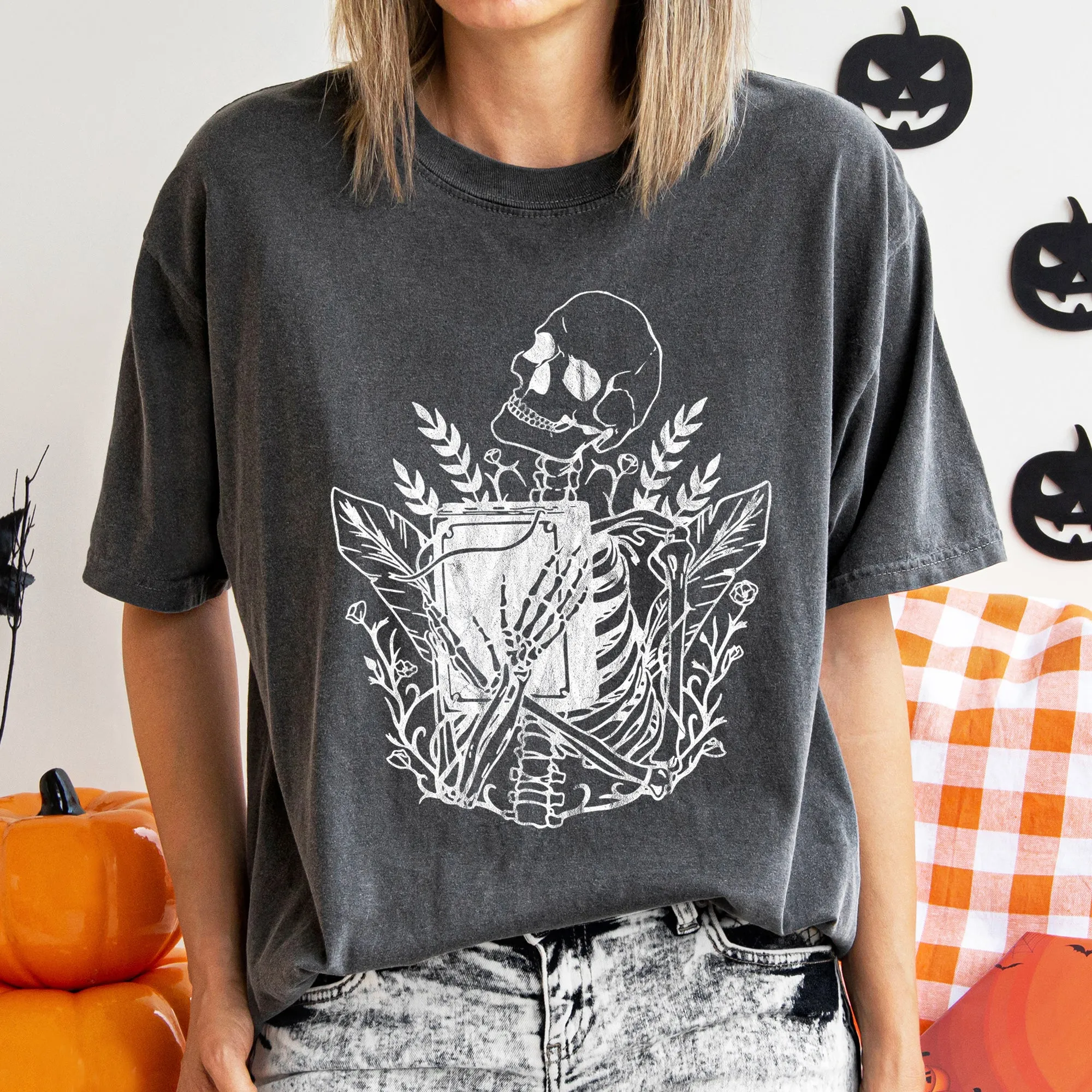Skeleton And The Book Retro Halloween Vintage Inspired Illustration Comfort Colors Tee sold by Refinery Number One product image thumbnail 4