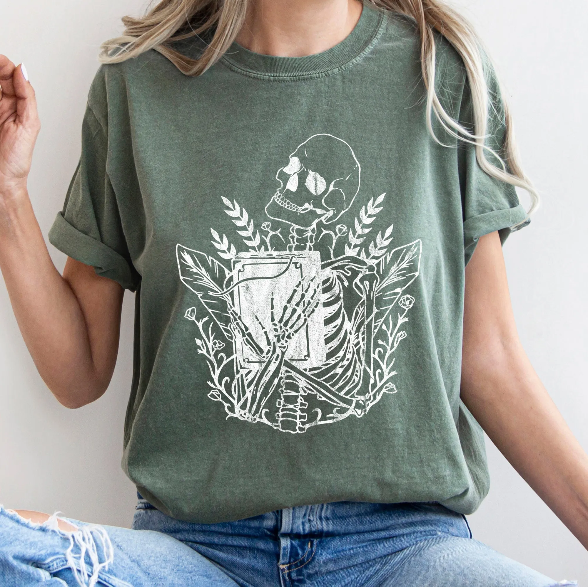 Skeleton And The Book Retro Halloween Vintage Inspired Illustration Comfort Colors Tee sold by Refinery Number One product image thumbnail 2