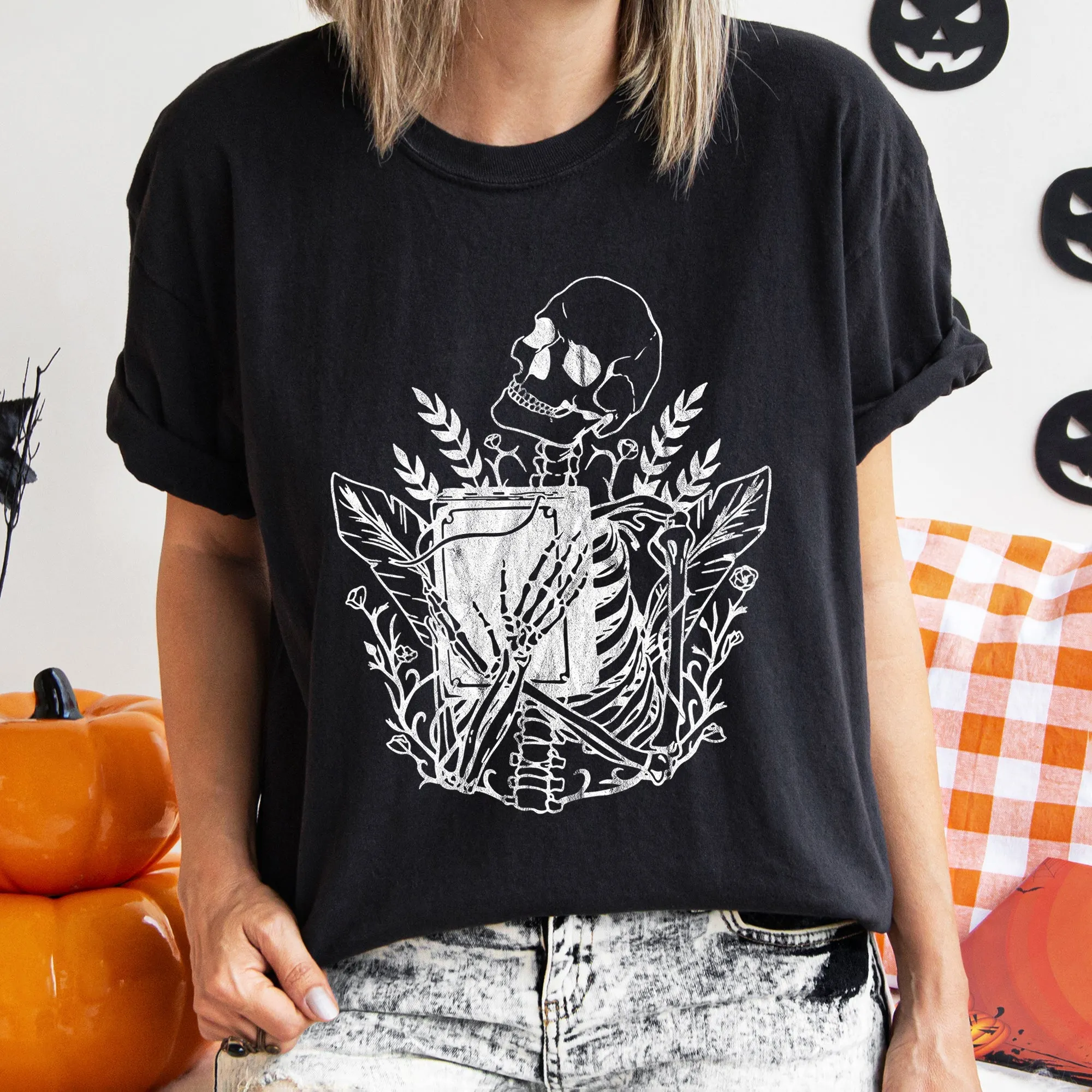 Skeleton And The Book Retro Halloween Vintage Inspired Illustration Comfort Colors Tee sold by Refinery Number One