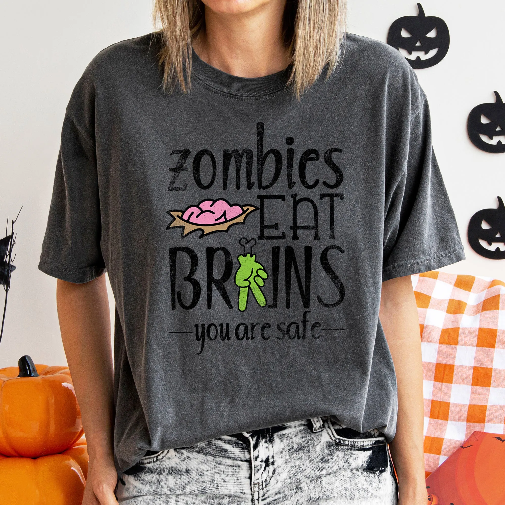 Zombies Eat Brains Retro Halloween Comfort Colors Tshirt sold by Refinery Number One product image thumbnail 4
