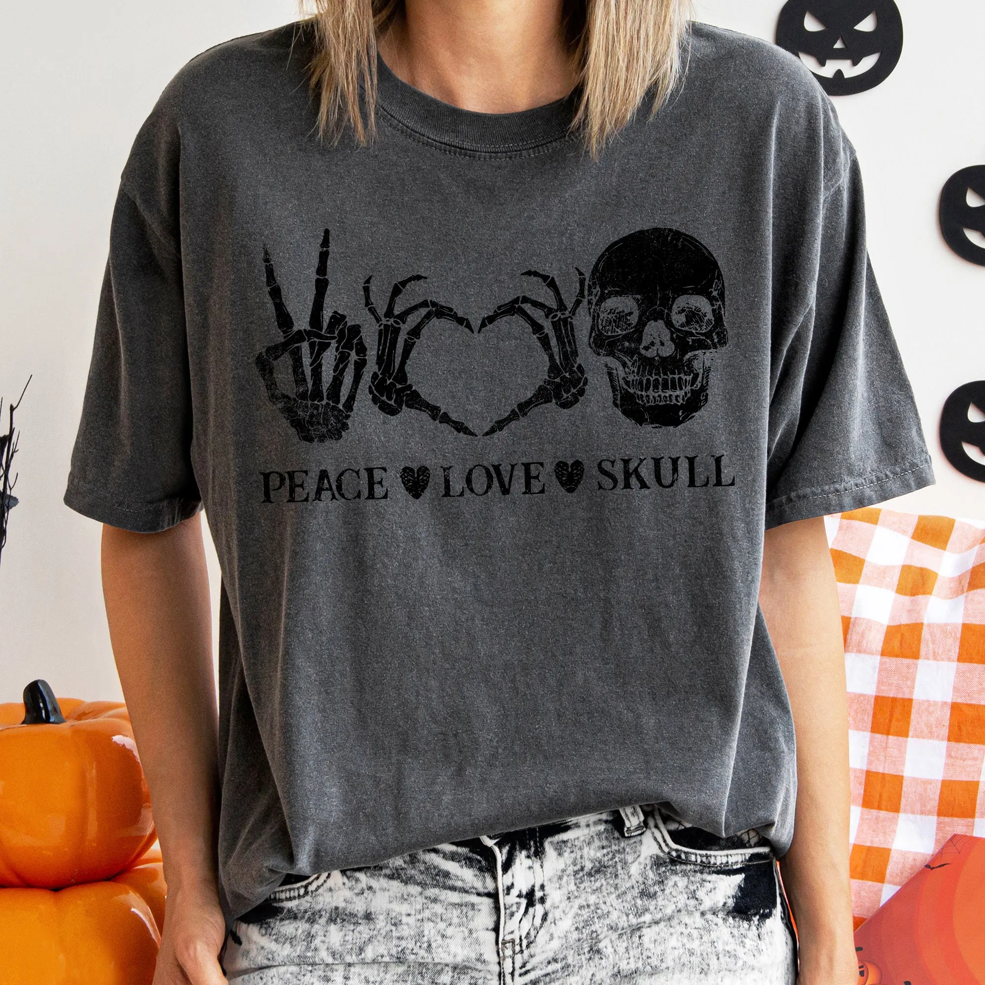 Peace Love Skull Retro Halloween Comfort Colors Tshirt sold by Refinery Number One product image thumbnail 3
