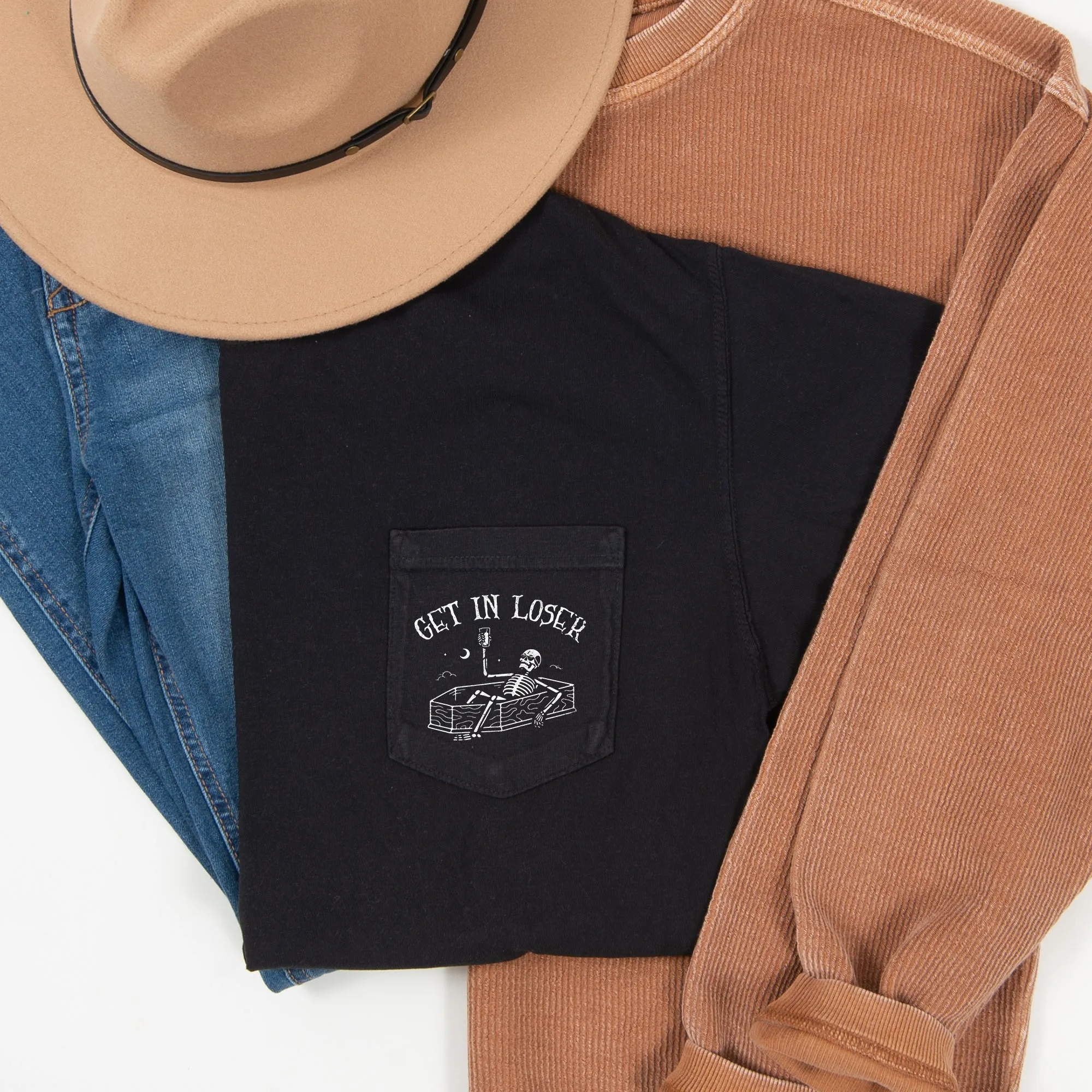 Get In Loser Skeleton Halloween Pocket Comfort Colors Tshirt sold by Refinery Number One