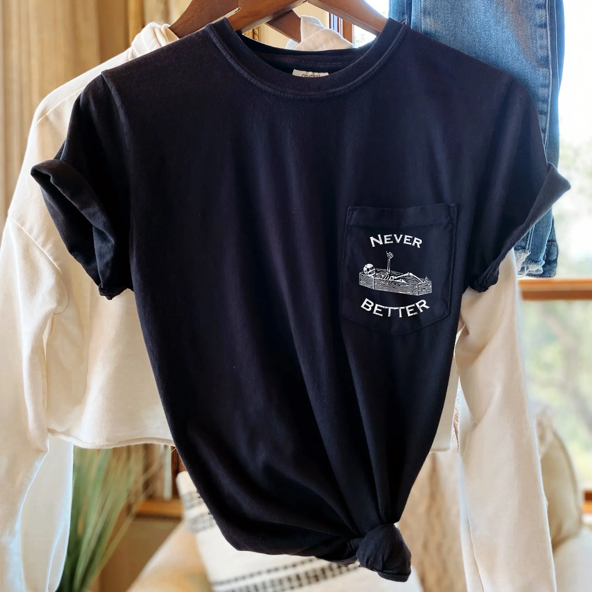 Never Better Skeleton Coffin Halloween Pocket Comfort Colors Tshirt sold by Refinery Number One product image thumbnail 2