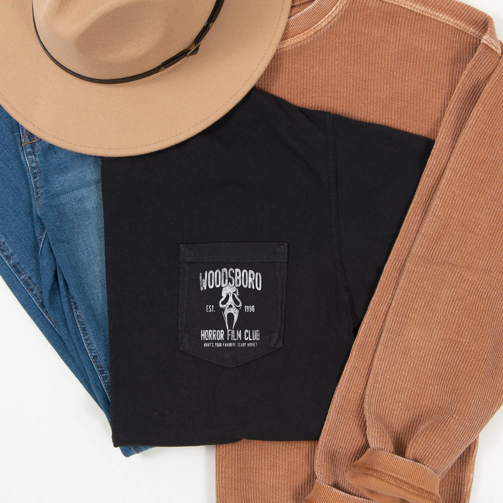 Woodsboro Horror Film Club Halloween Pocket Comfort Colors Tshirt sold by Refinery Number One product image thumbnail 2