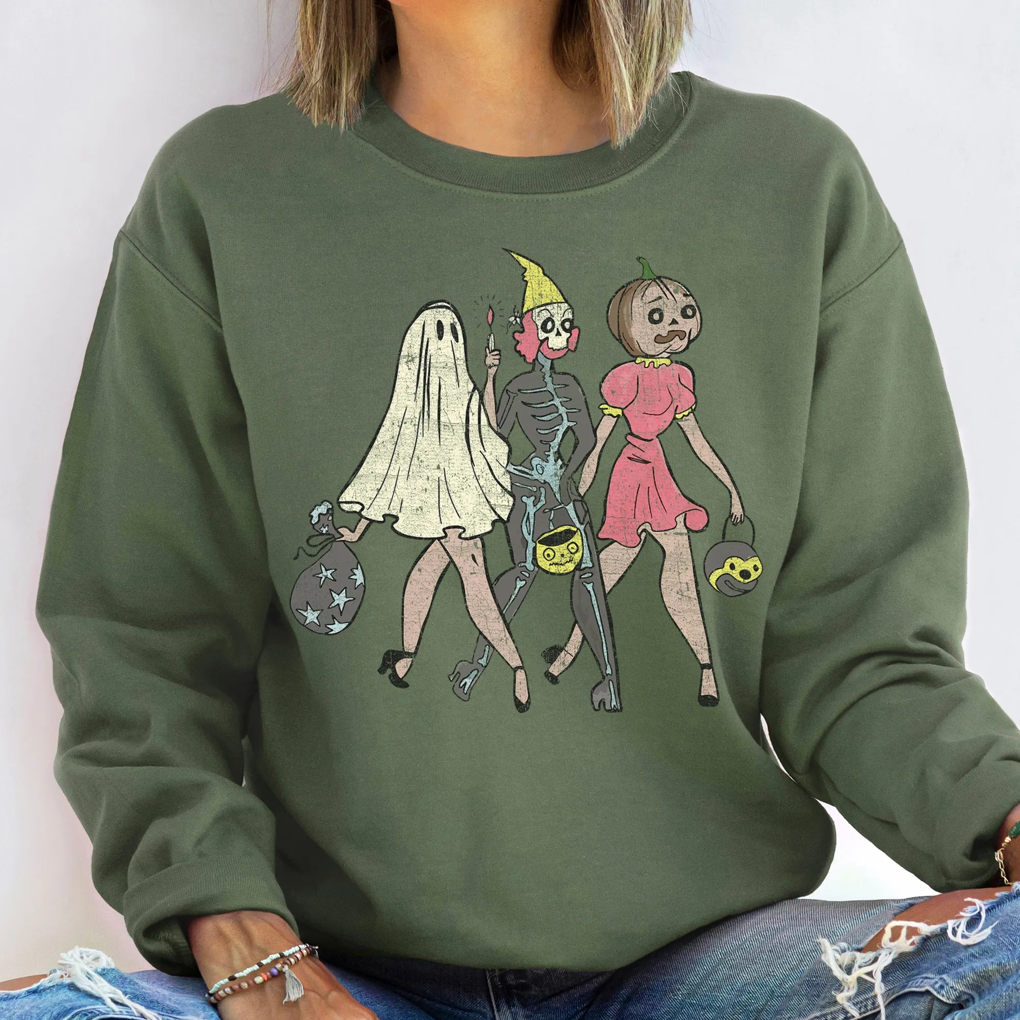 Three Girls Vintage Halloween Sweatshirt sold by Refinery Number One product image thumbnail 4