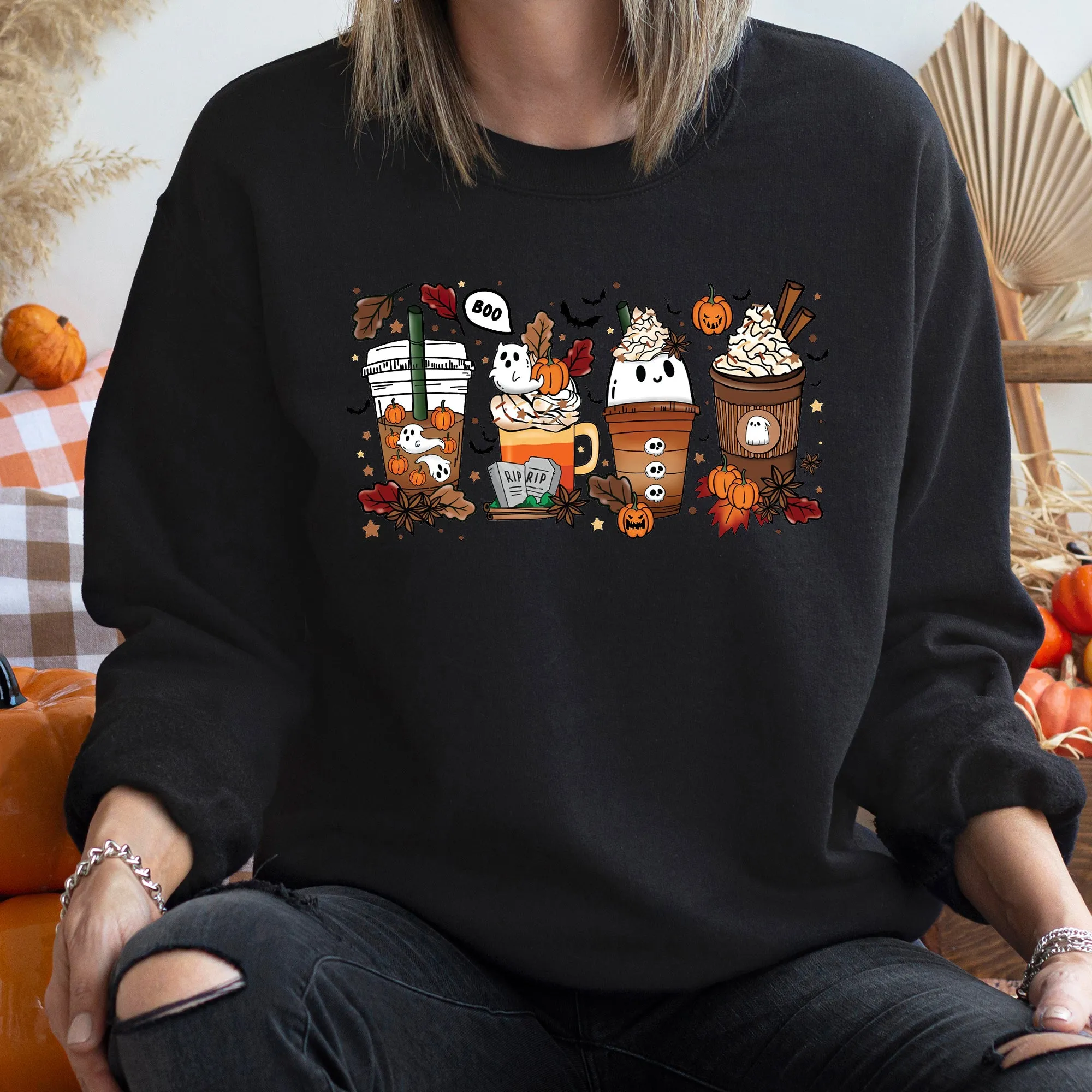 Boo Pumpkin Coffee Halloween Sweatshirt sold by Refinery Number One product image thumbnail 3
