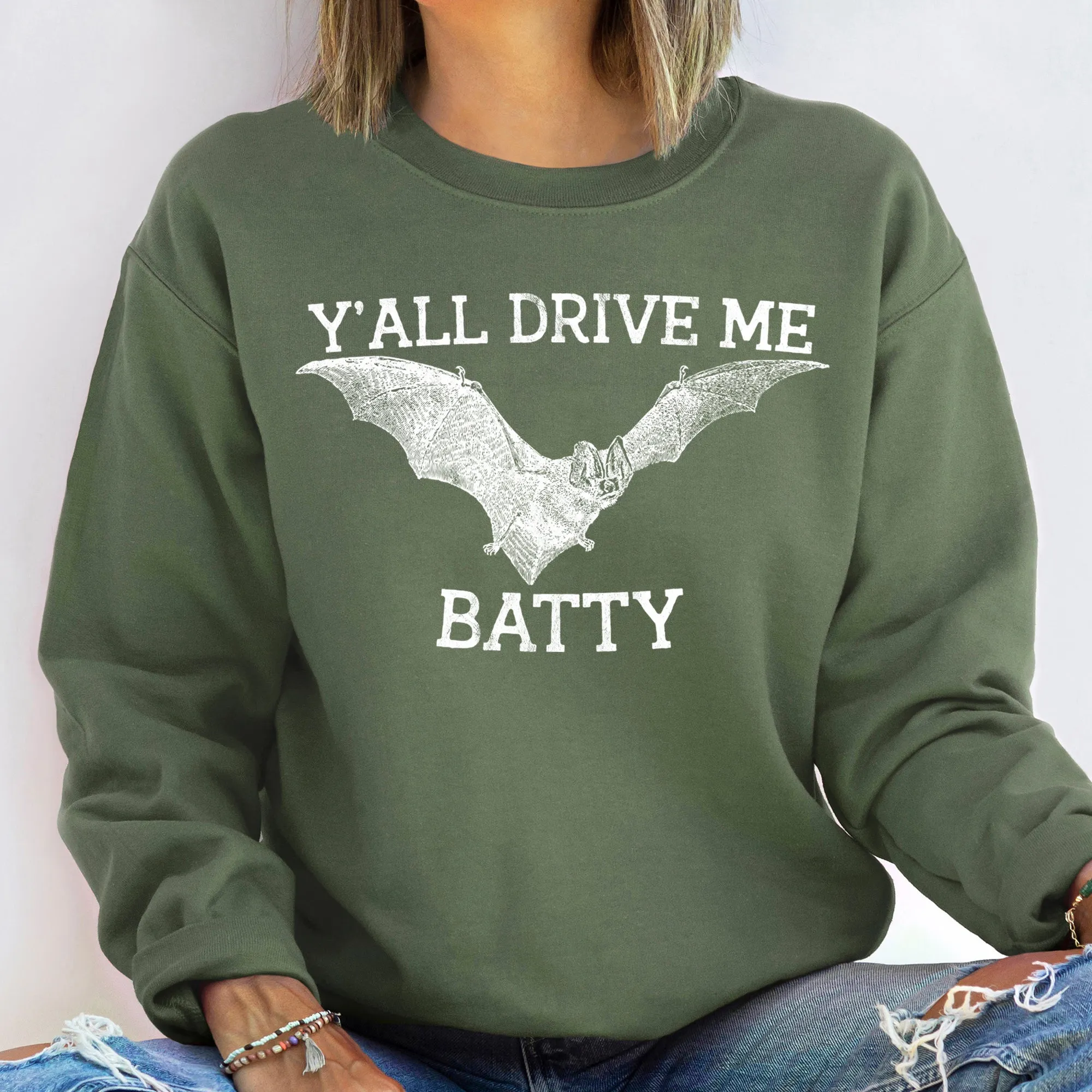 Y'all Drive Me Batty Vintage Halloween Sweatshirt sold by Refinery Number One product image thumbnail 2