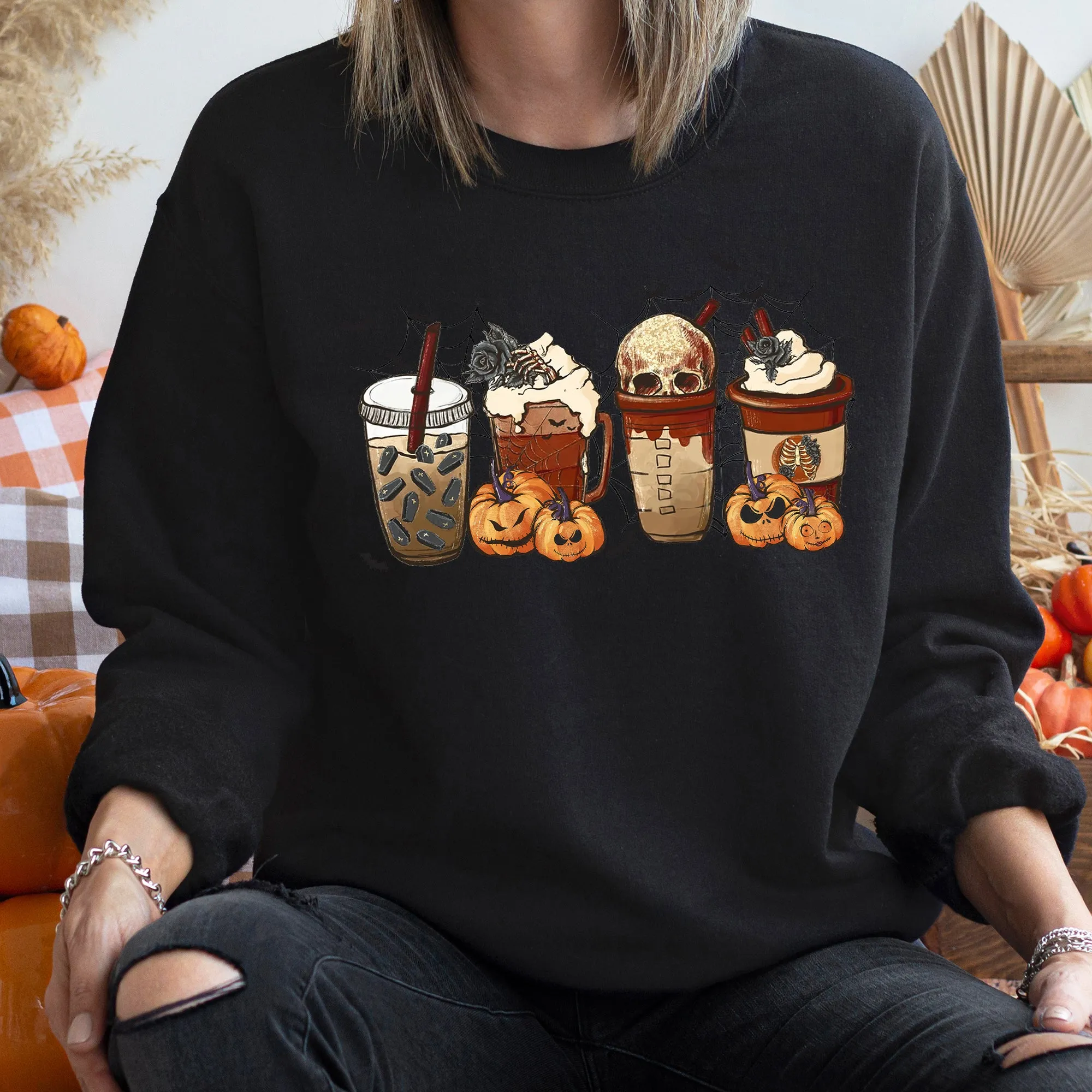Horror Pumpkin Coffee Halloween Sweatshirt sold by Refinery Number One product image thumbnail 3