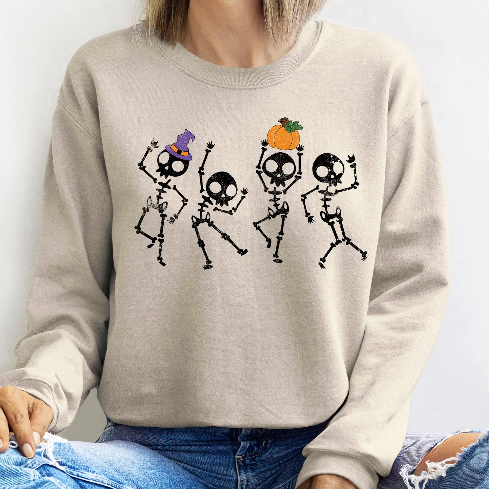 Pumpkin Dancing Skeletons Graphic Sweatshirt With Cozy Fleece Lining And Halloween Spirit sold by Refinery Number One product image thumbnail 4
