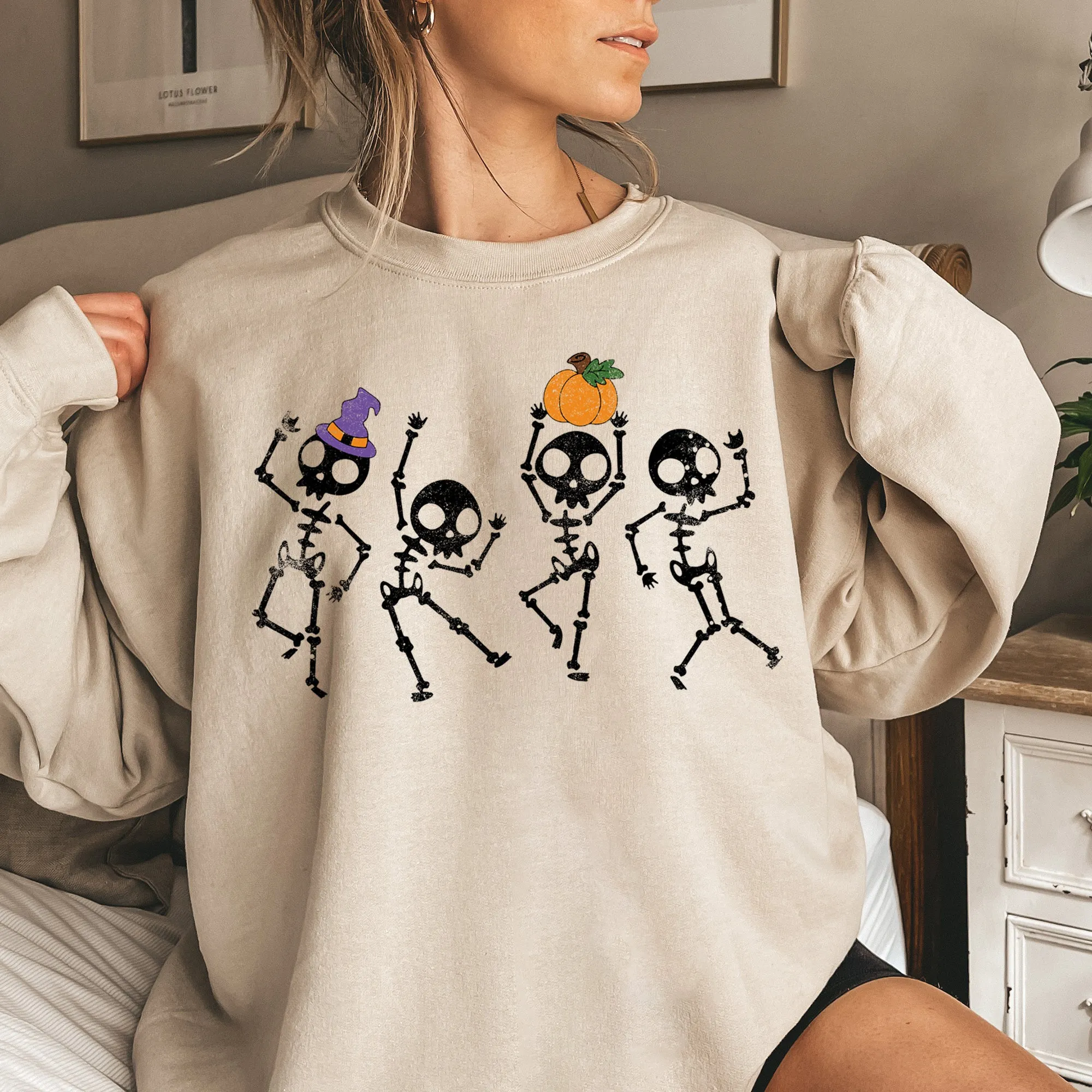 Pumpkin Dancing Skeletons Graphic Sweatshirt With Cozy Fleece Lining And Halloween Spirit sold by Refinery Number One