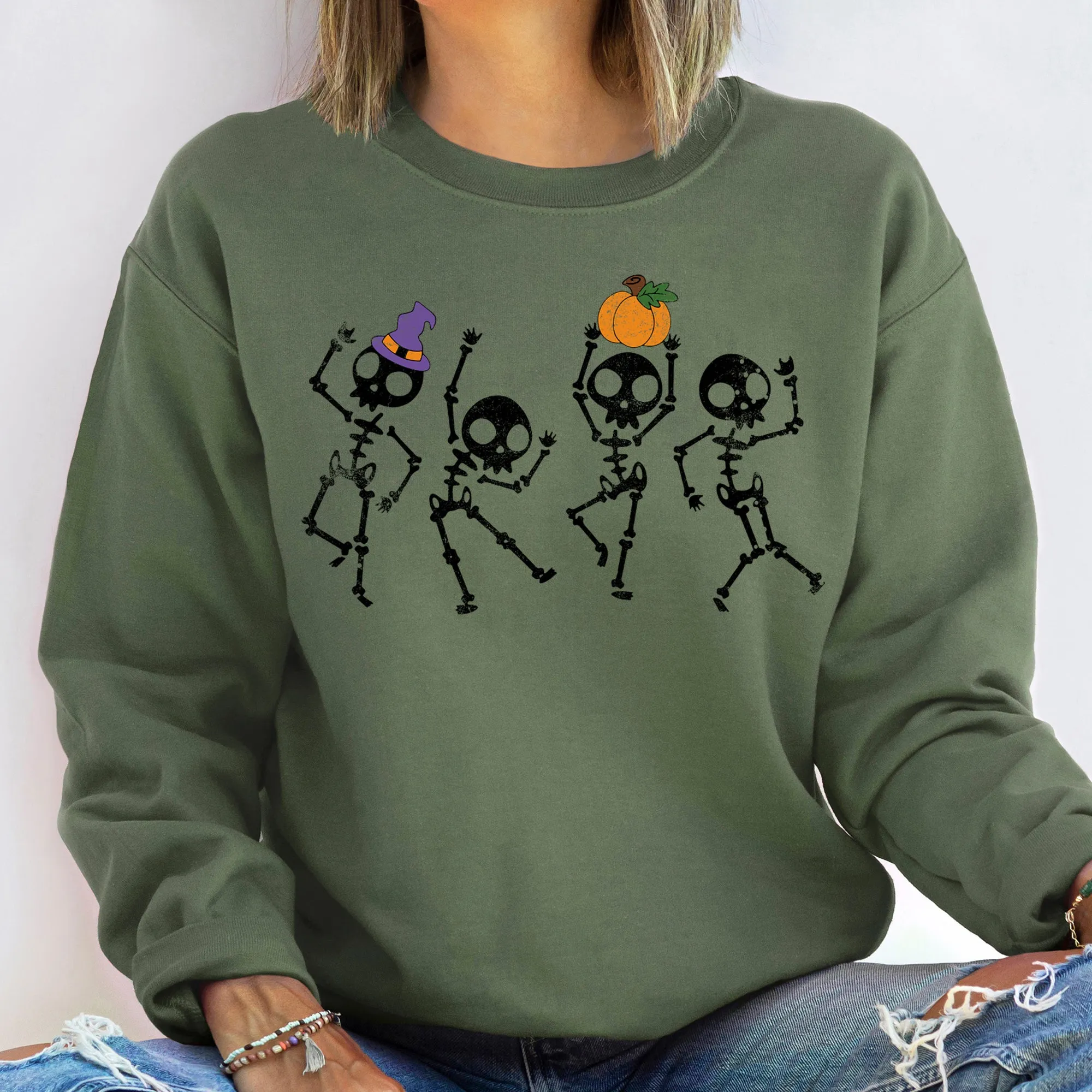 Pumpkin Dancing Skeletons Graphic Sweatshirt With Cozy Fleece Lining And Halloween Spirit sold by Refinery Number One product image thumbnail 3