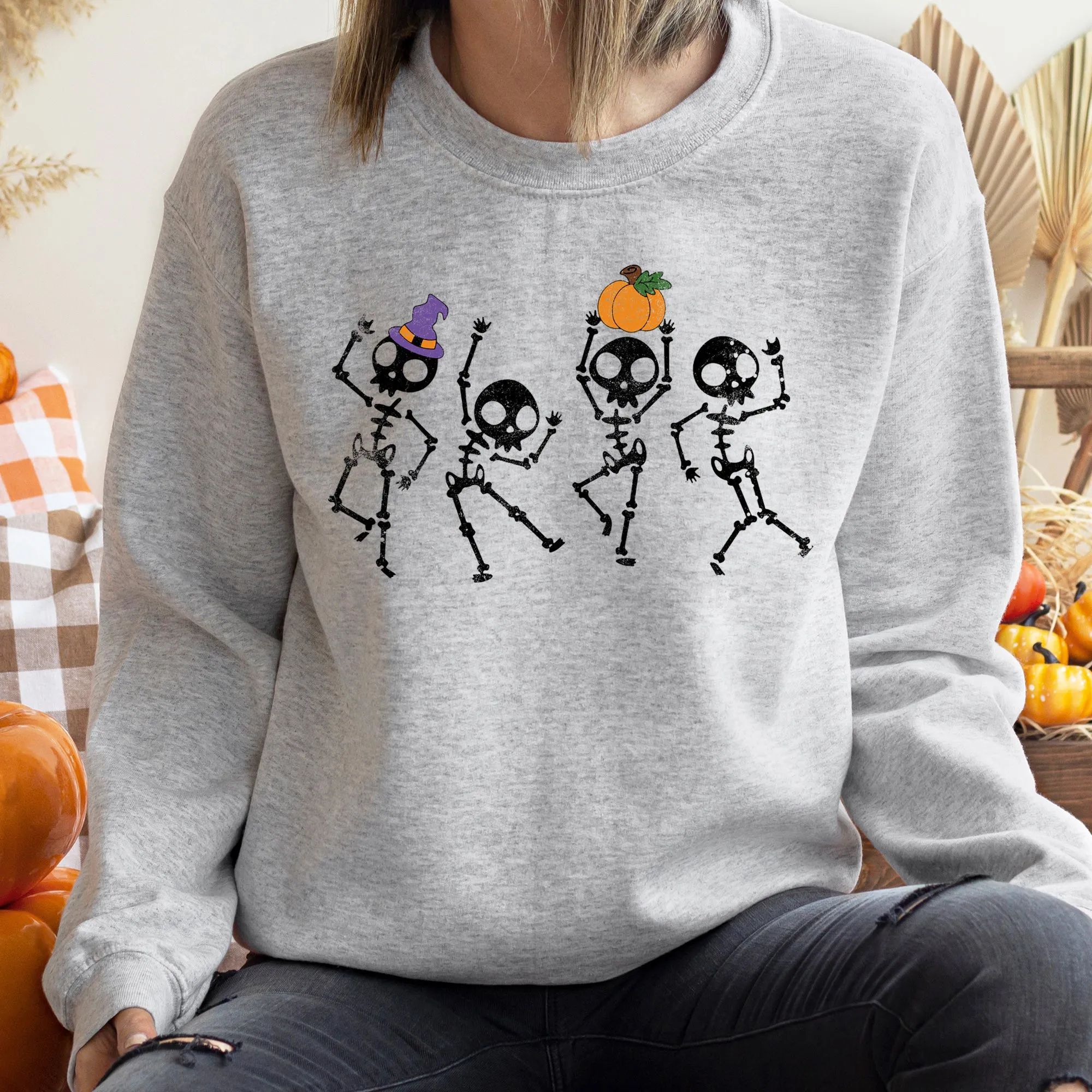 Pumpkin Dancing Skeletons Graphic Sweatshirt With Cozy Fleece Lining And Halloween Spirit sold by Refinery Number One product image thumbnail 2