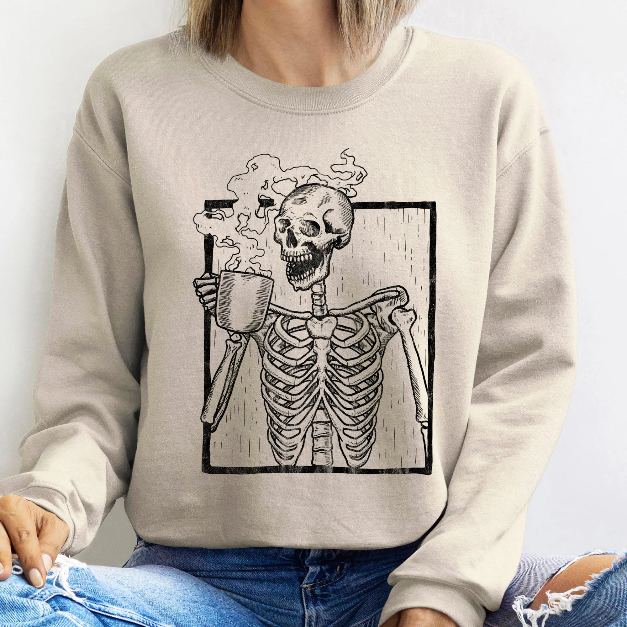 Skeleton Coffee Vintage Halloween All Hallows Eve Midnight Sketch Graphic Sweatshirt sold by Refinery Number One product image thumbnail 4