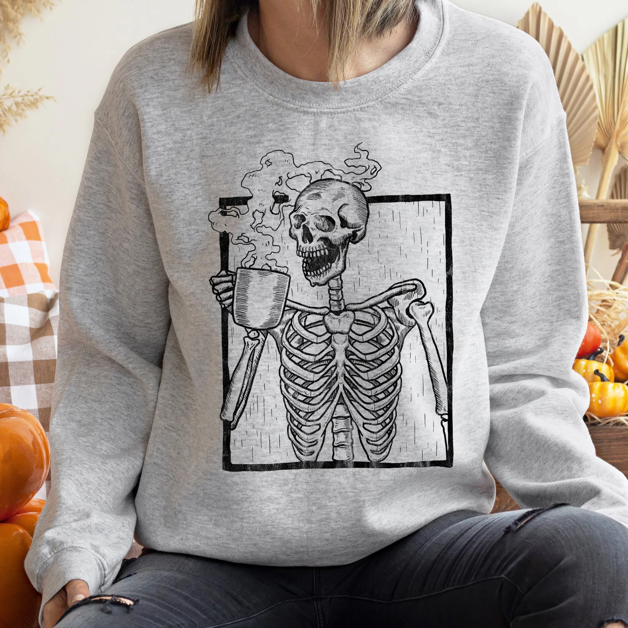 Skeleton Coffee Vintage Halloween All Hallows Eve Midnight Sketch Graphic Sweatshirt sold by Refinery Number One product image thumbnail 2