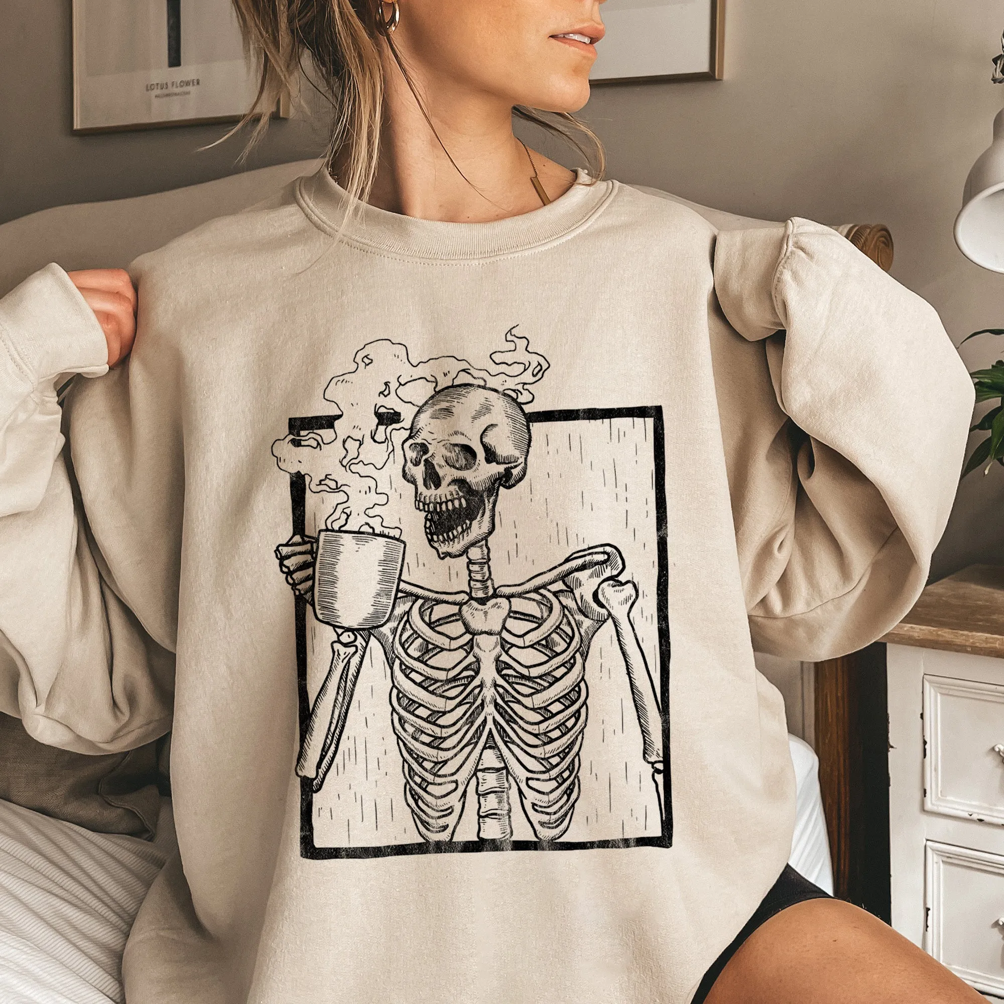 Skeleton Coffee Vintage Halloween All Hallows Eve Midnight Sketch Graphic Sweatshirt sold by Refinery Number One