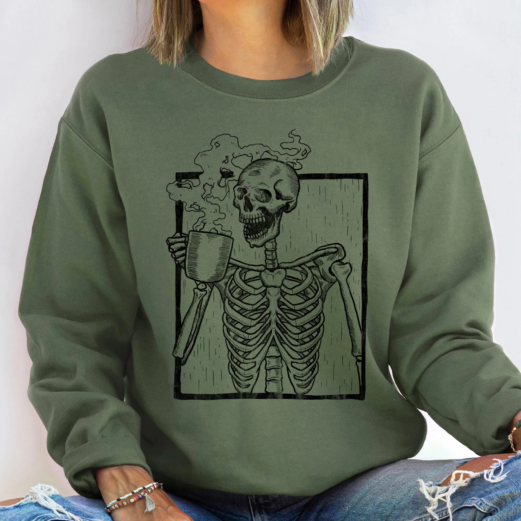 Skeleton Coffee Vintage Halloween All Hallows Eve Midnight Sketch Graphic Sweatshirt sold by Refinery Number One product image thumbnail 3