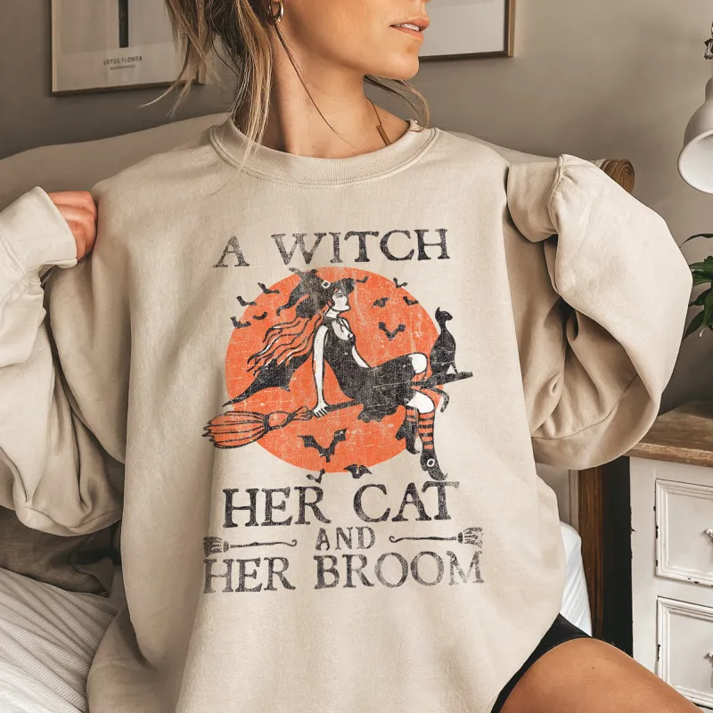 Witch Cat Broom Halloween Sweatshirt sold by Refinery Number One