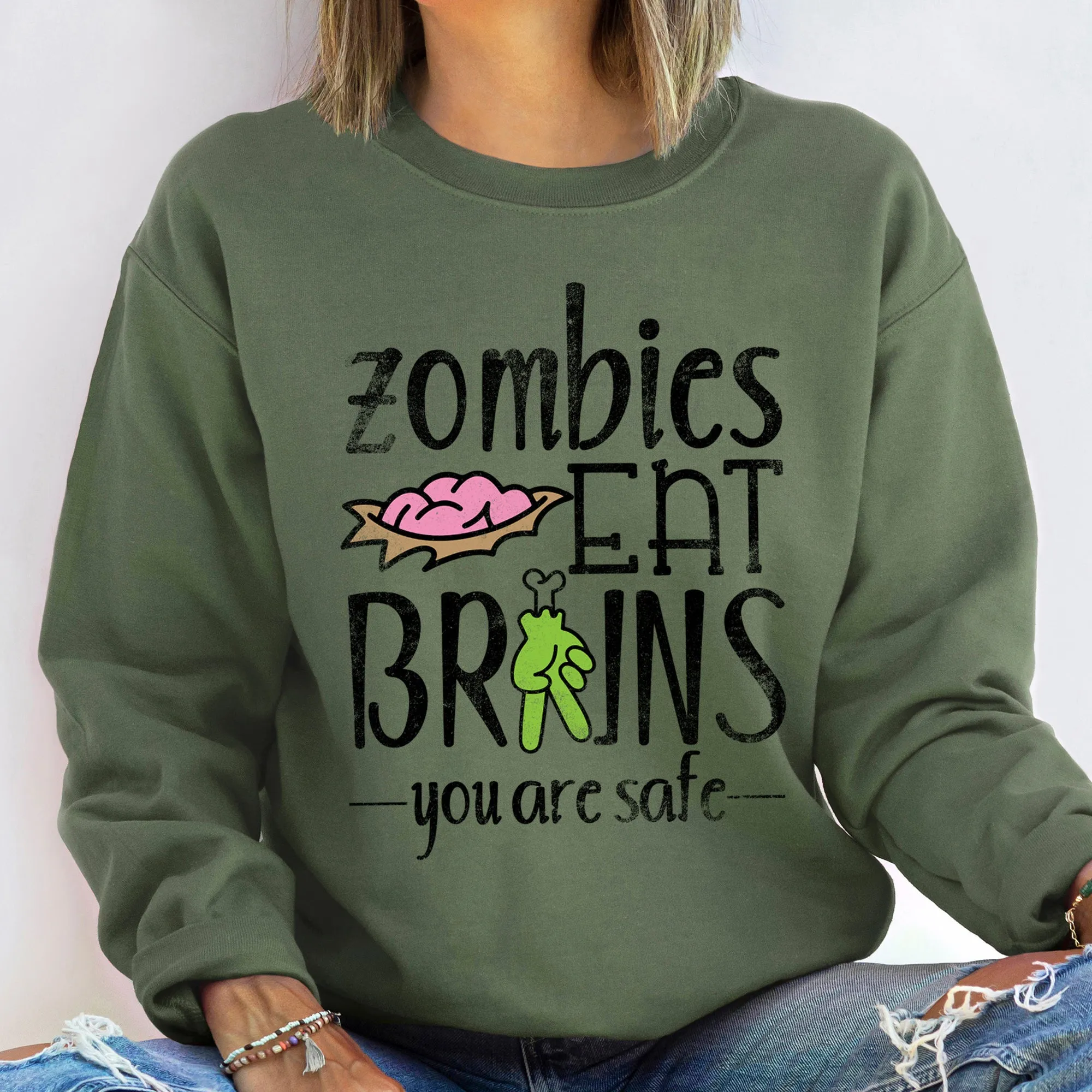 Zombies Eat Brains Halloween Sweatshirt sold by Refinery Number One product image thumbnail 3