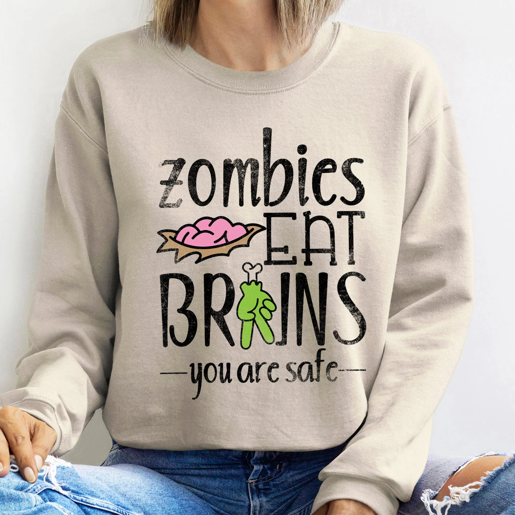 Zombies Eat Brains Halloween Sweatshirt sold by Refinery Number One product image thumbnail 4