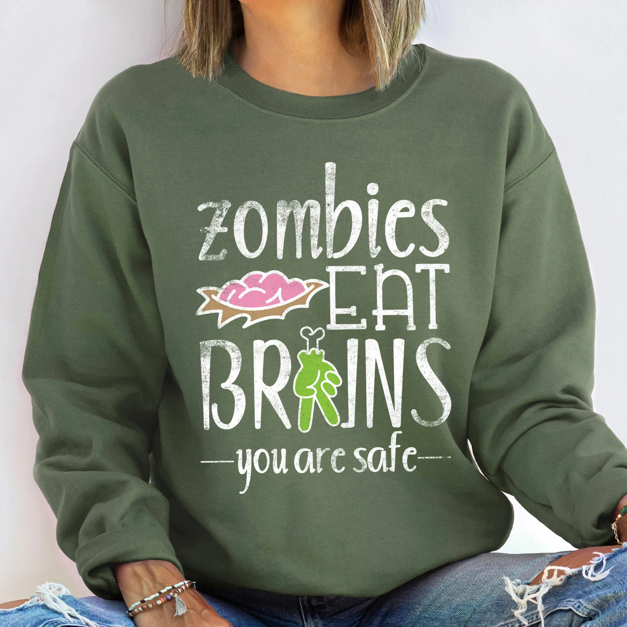 Zombies Eat Brains Vintage Halloween Sweatshirt sold by Refinery Number One product image thumbnail 2