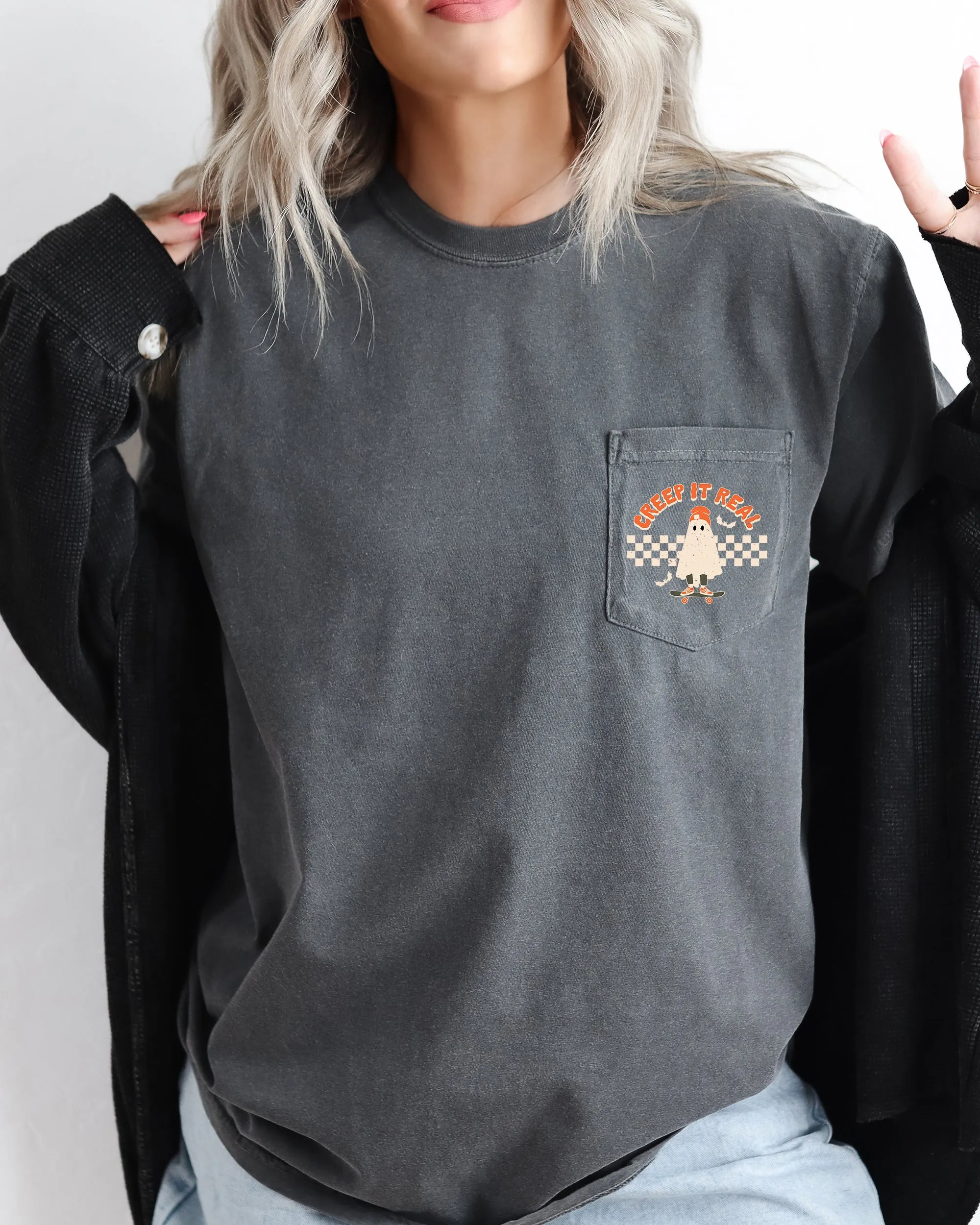 Creep It Real, Ghost, Halloween Pocket Tee Comfort Colors T-Shirt sold by Refinery Number One product image thumbnail 2