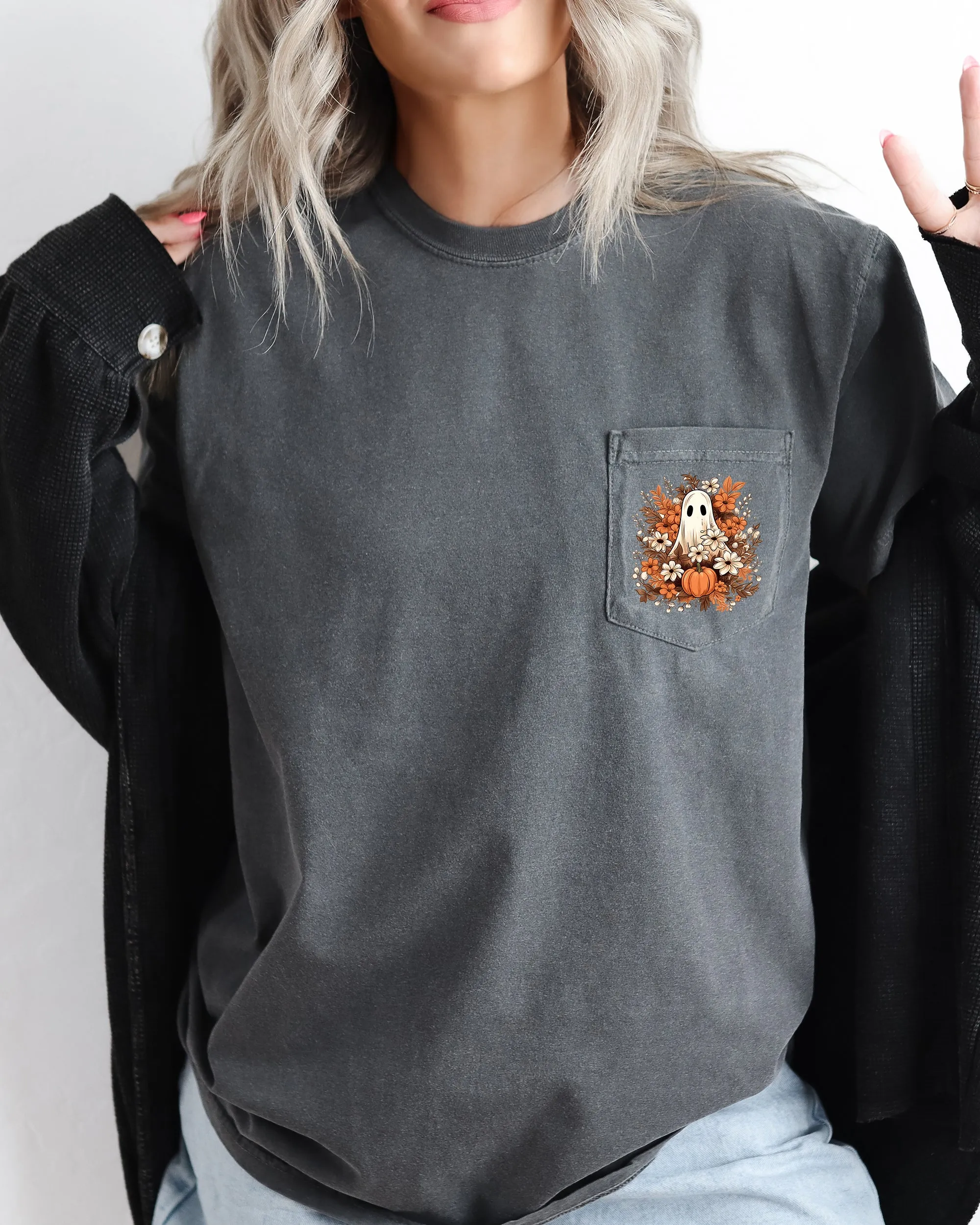Floral Ghost, Spooky, Halloween Pocket Tee Comfort Colors T-Shirt sold by Refinery Number One product image thumbnail 3