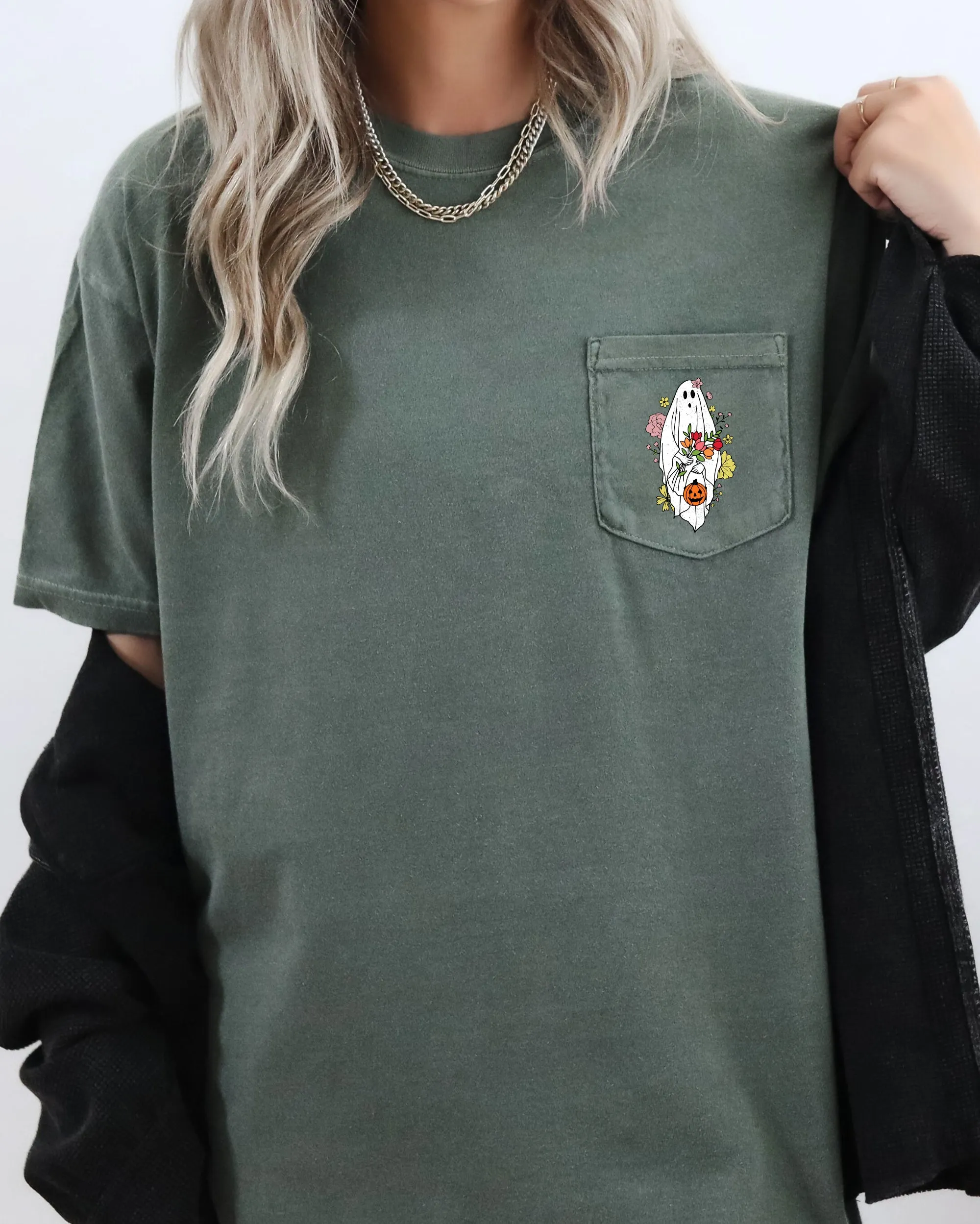 Cute Floral Ghost, Halloween Pocket Tee Comfort Colors T-Shirt sold by Refinery Number One product image thumbnail 4