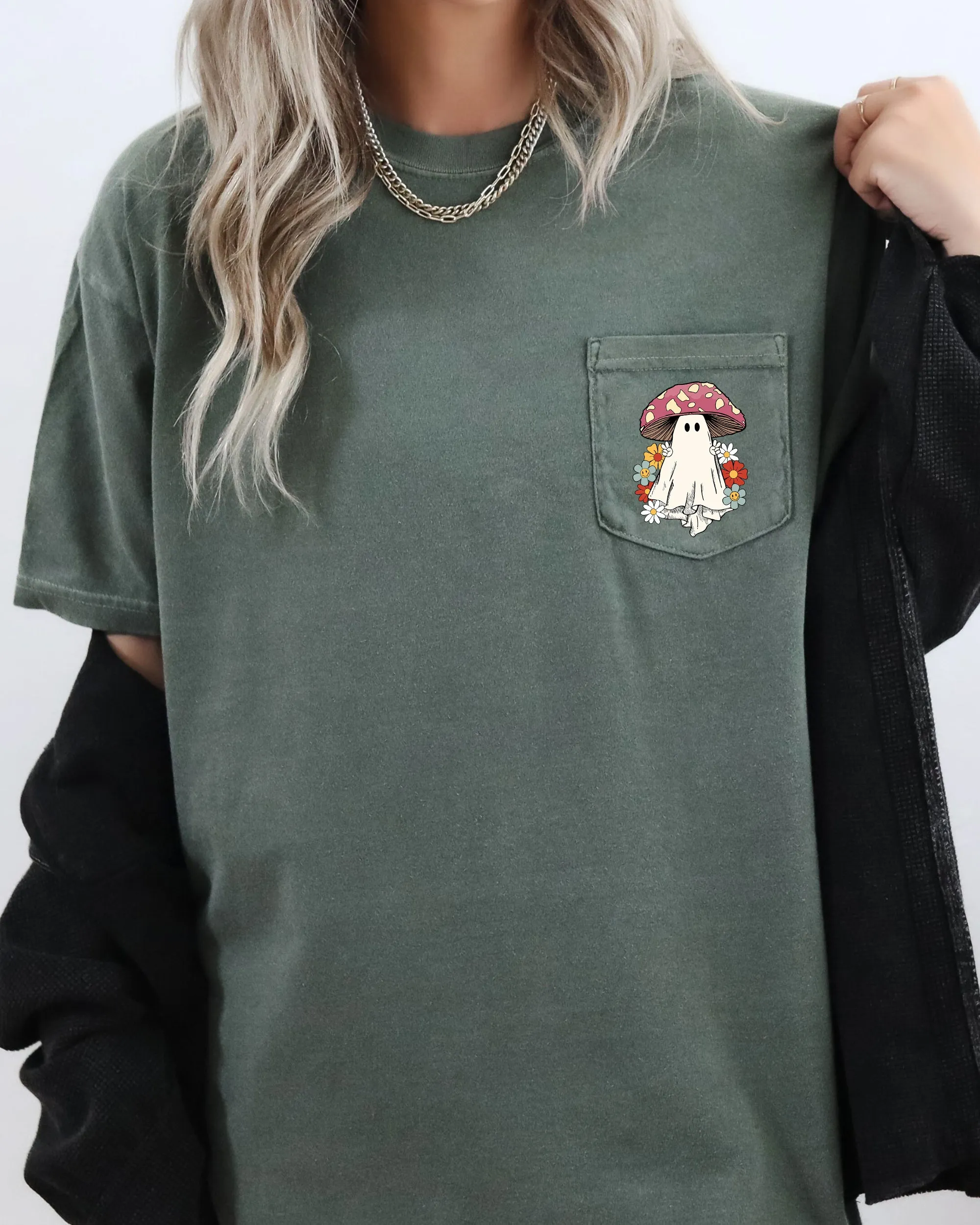 Ghost Mushroom, Halloween Pocket Tee Comfort Colors T-Shirt sold by Refinery Number One product image thumbnail 4