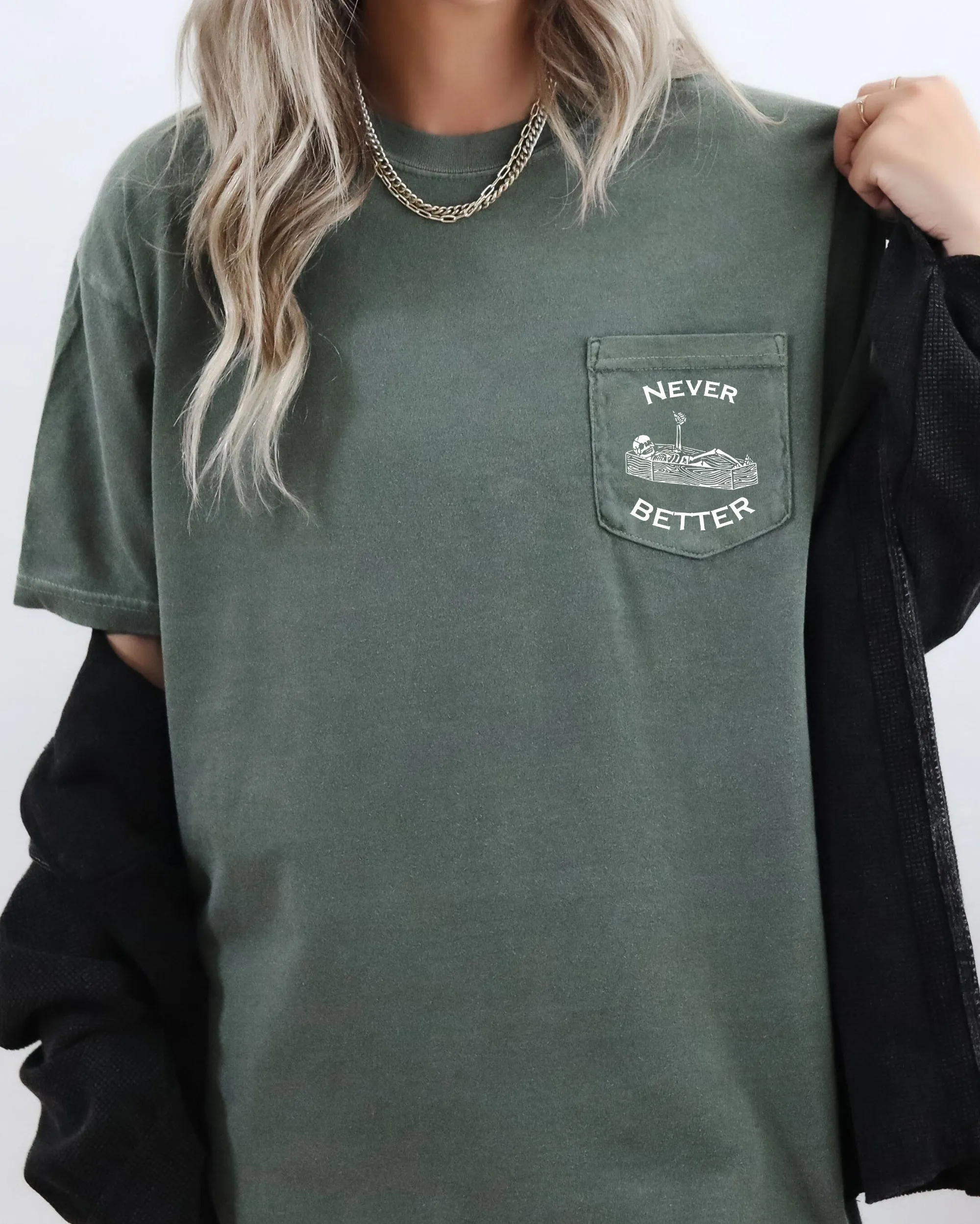 Never Better, Skeleton, Halloween Pocket Tee Comfort Colors T-Shirt sold by Refinery Number One product image thumbnail 5