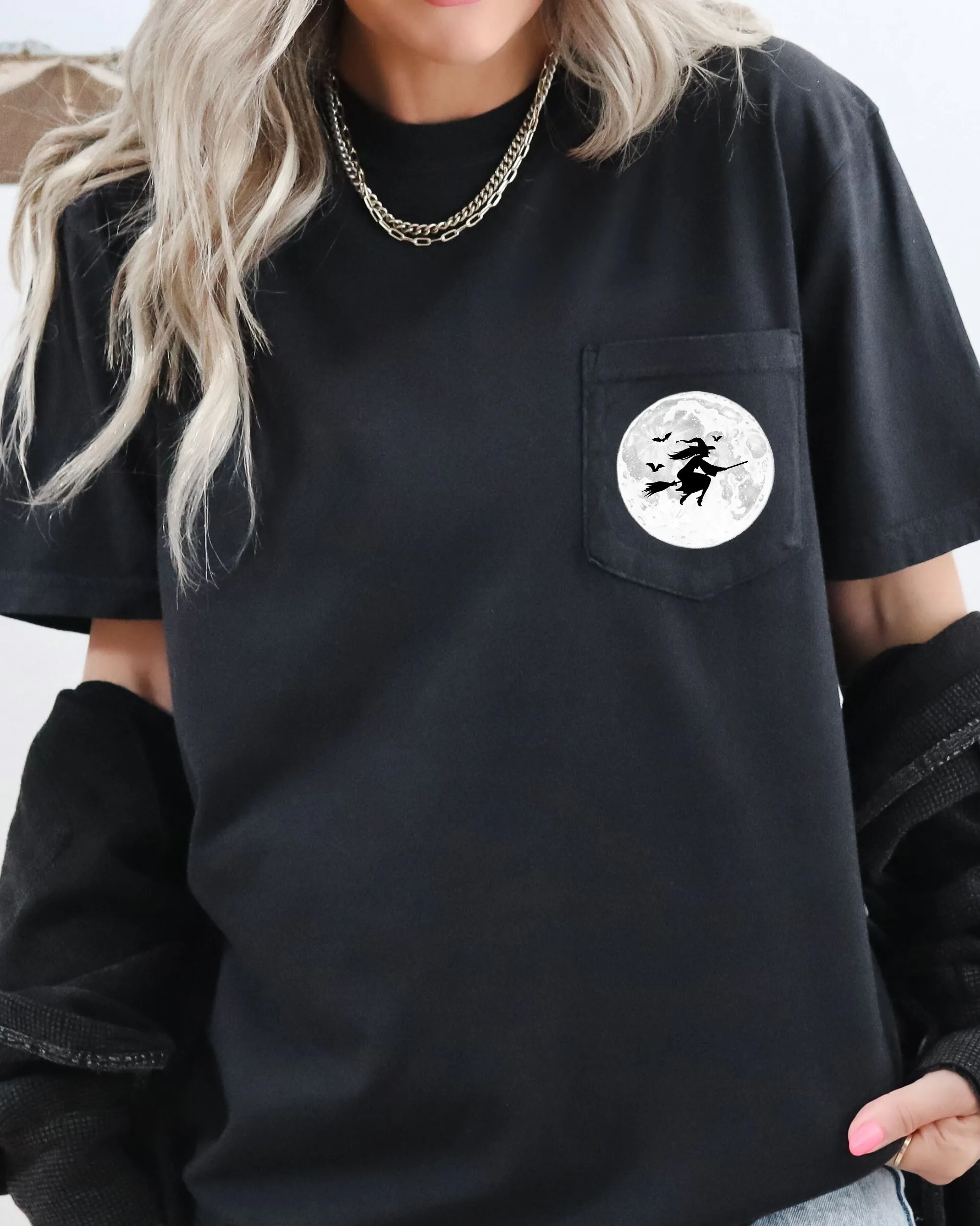 Witch On Broom, Halloween Pocket Tee Comfort Colors T-Shirt sold by Refinery Number One product image thumbnail 3