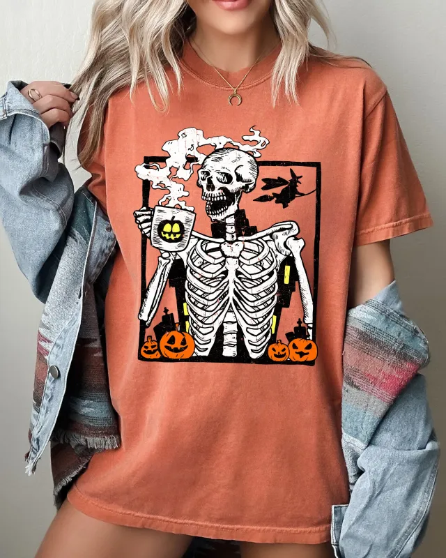 Coffee Lover Skeleton, Funny, Witch, Aesthetic, Meme, Halloween, Spooky, Costume, Tshirt Comfort Colors T-Shirt sold by Refinery Number One