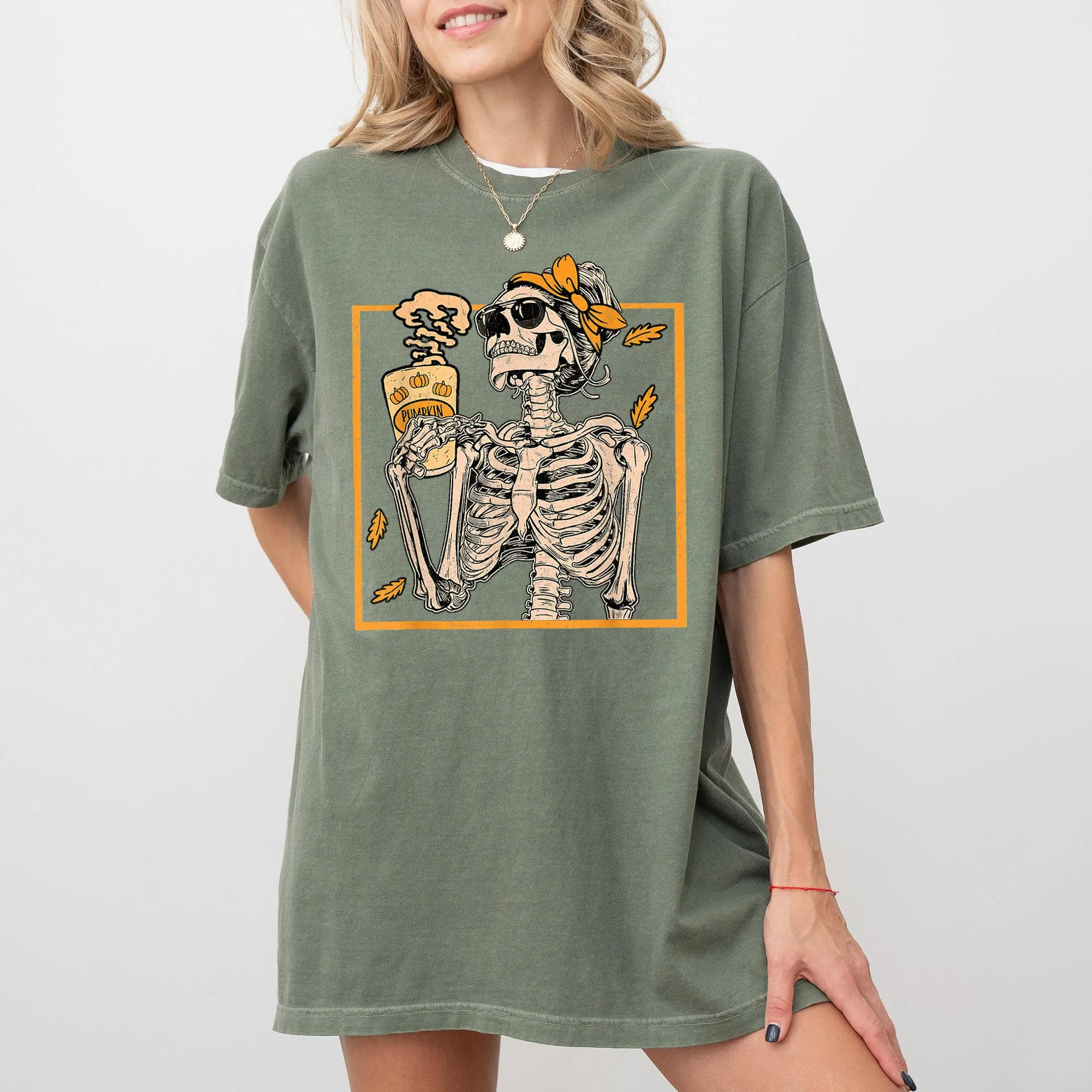 Skeleton Lady Fall Leaves Witch Aesthetic Meme Halloween Spooky Costume Comfort Colors Tee sold by Refinery Number One product image thumbnail 4