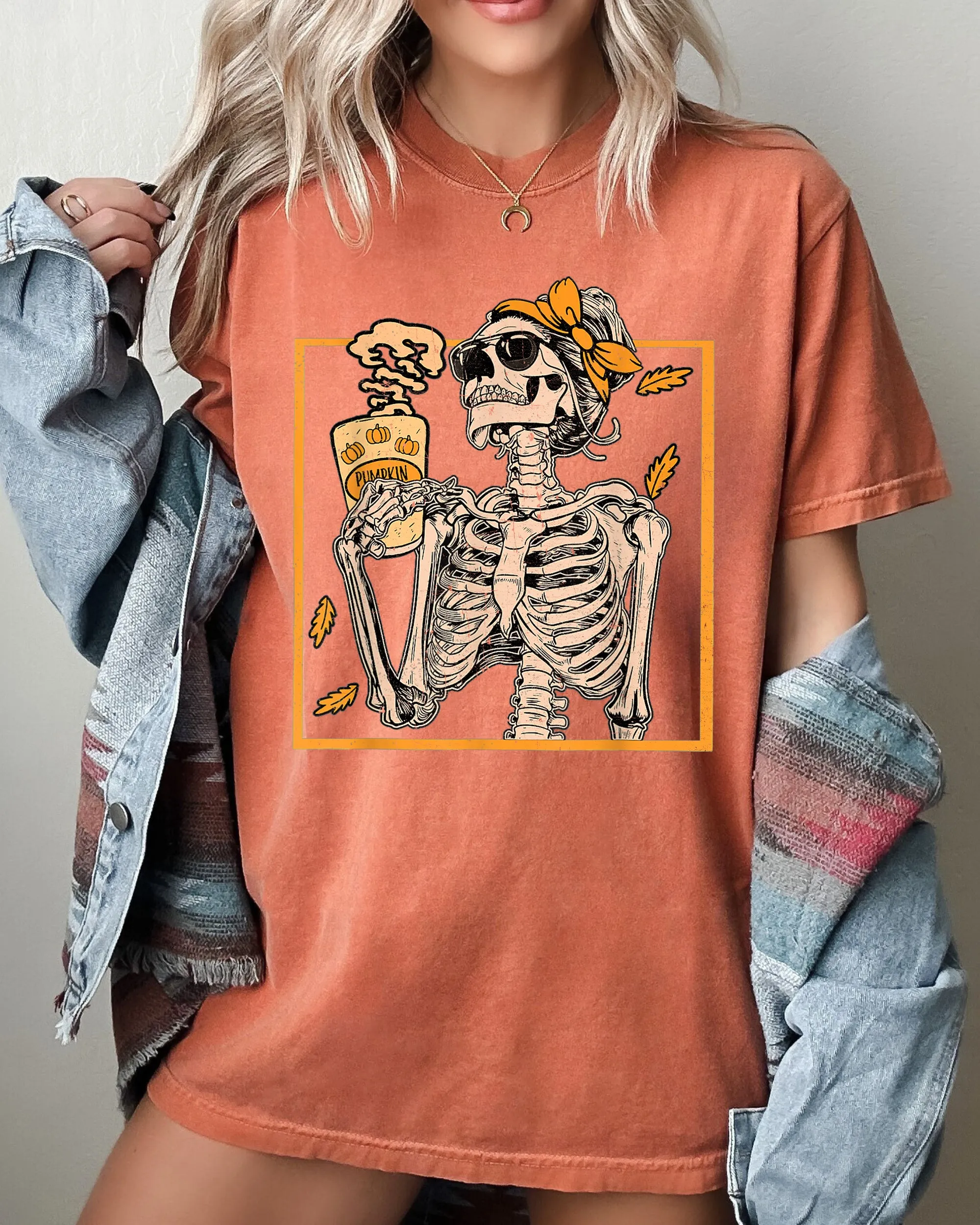 Skeleton Lady Fall Leaves Witch Aesthetic Meme Halloween Spooky Costume Comfort Colors Tee sold by Refinery Number One product image thumbnail 5