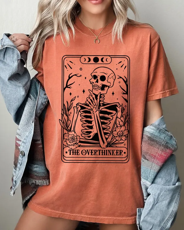 The Overthinker, Tarot, Skeleton, Funny, Pumpkin, Spooky, Witch, Aesthetic, Meme, Halloween, Costume, Tshirt Comfort Colors T-Shirt sold by Refinery Number One